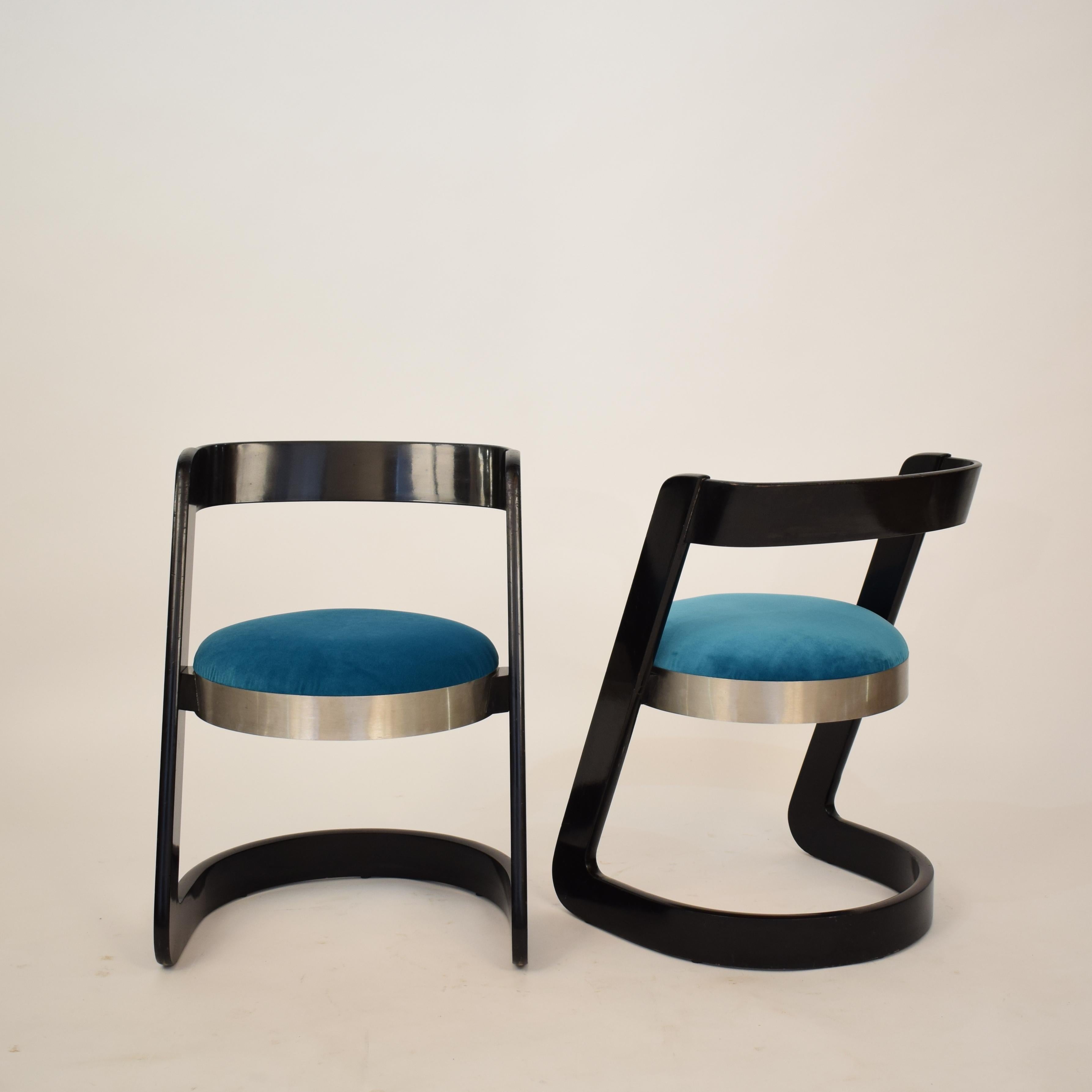 Two Chairs by Willy Rizzo Black Lacquered Wood and Velvet Seat for Mario Sabot 1