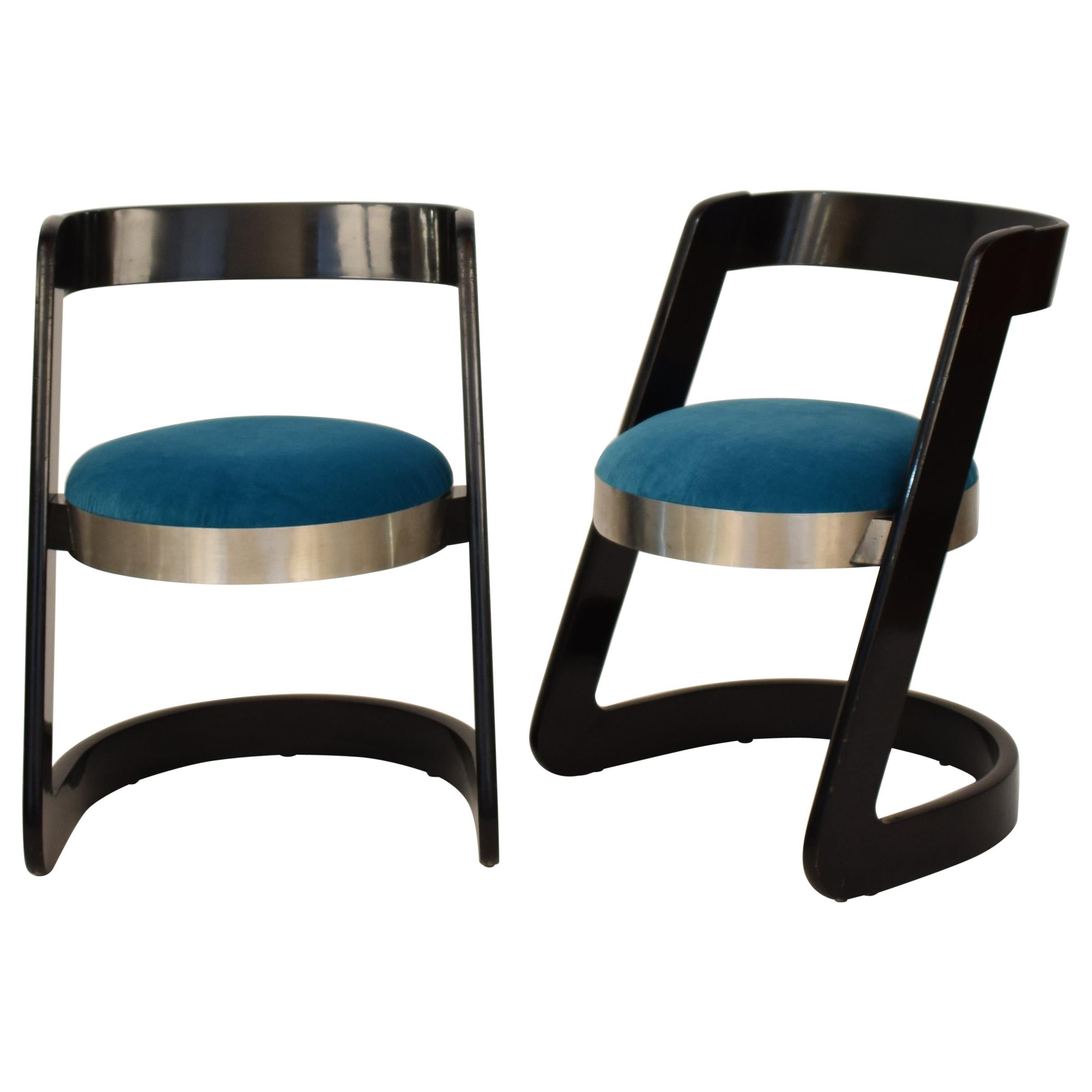 Two Chairs by Willy Rizzo Black Lacquered Wood and Velvet Seat for Mario Sabot