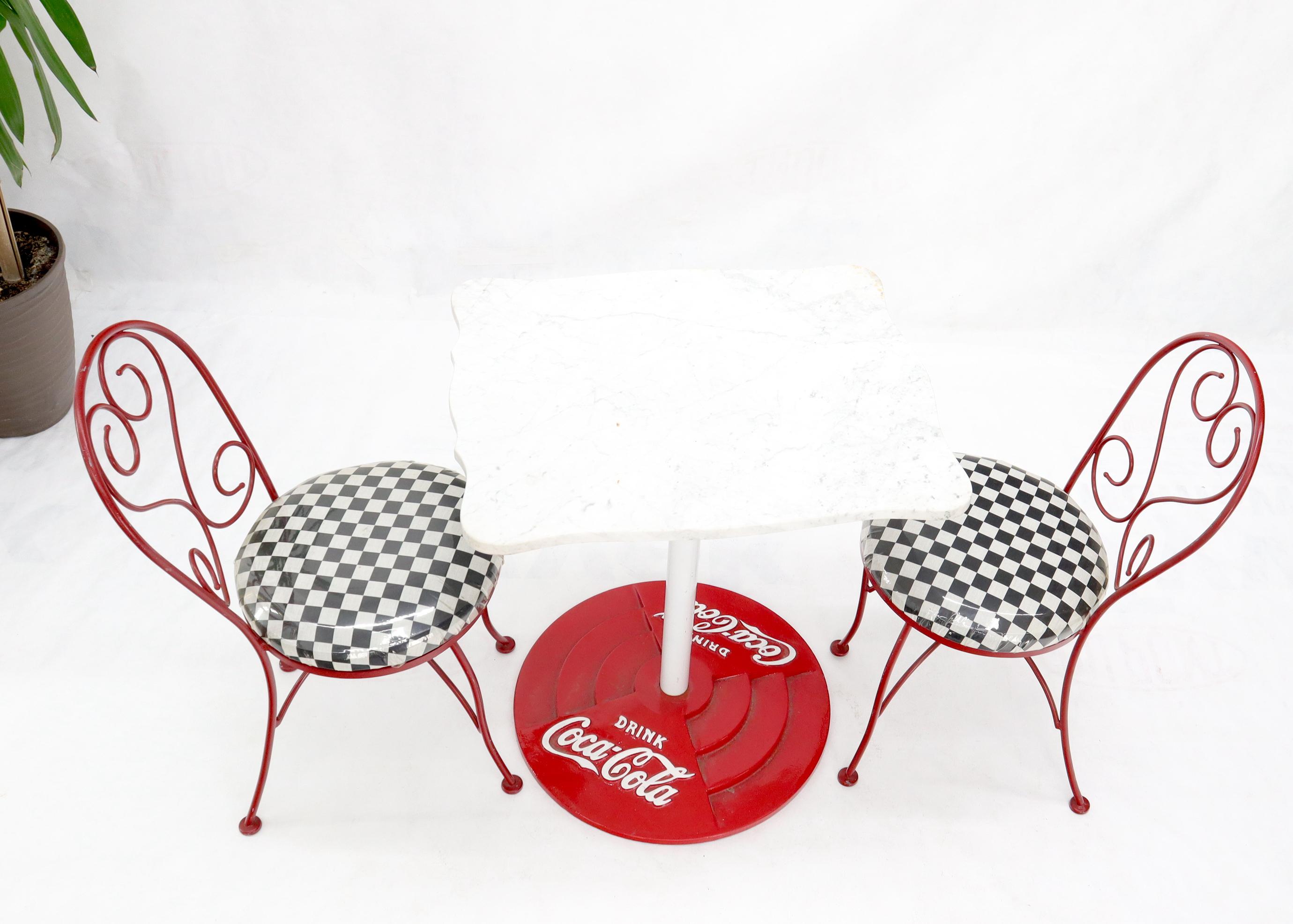 Mid-Century Modern Two Chairs Cast Iron Marble-Top Table Coca-Cola Dinette Ice Cream Set Cafe Table For Sale
