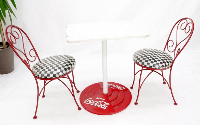Two Chairs Cast Iron Marble Top Table Coca Cola Dinette Ice Cream Set Cafe Table For Sale at 1stDibs coca cola table and chairs for sale coca cola table and 4 chairs coke
