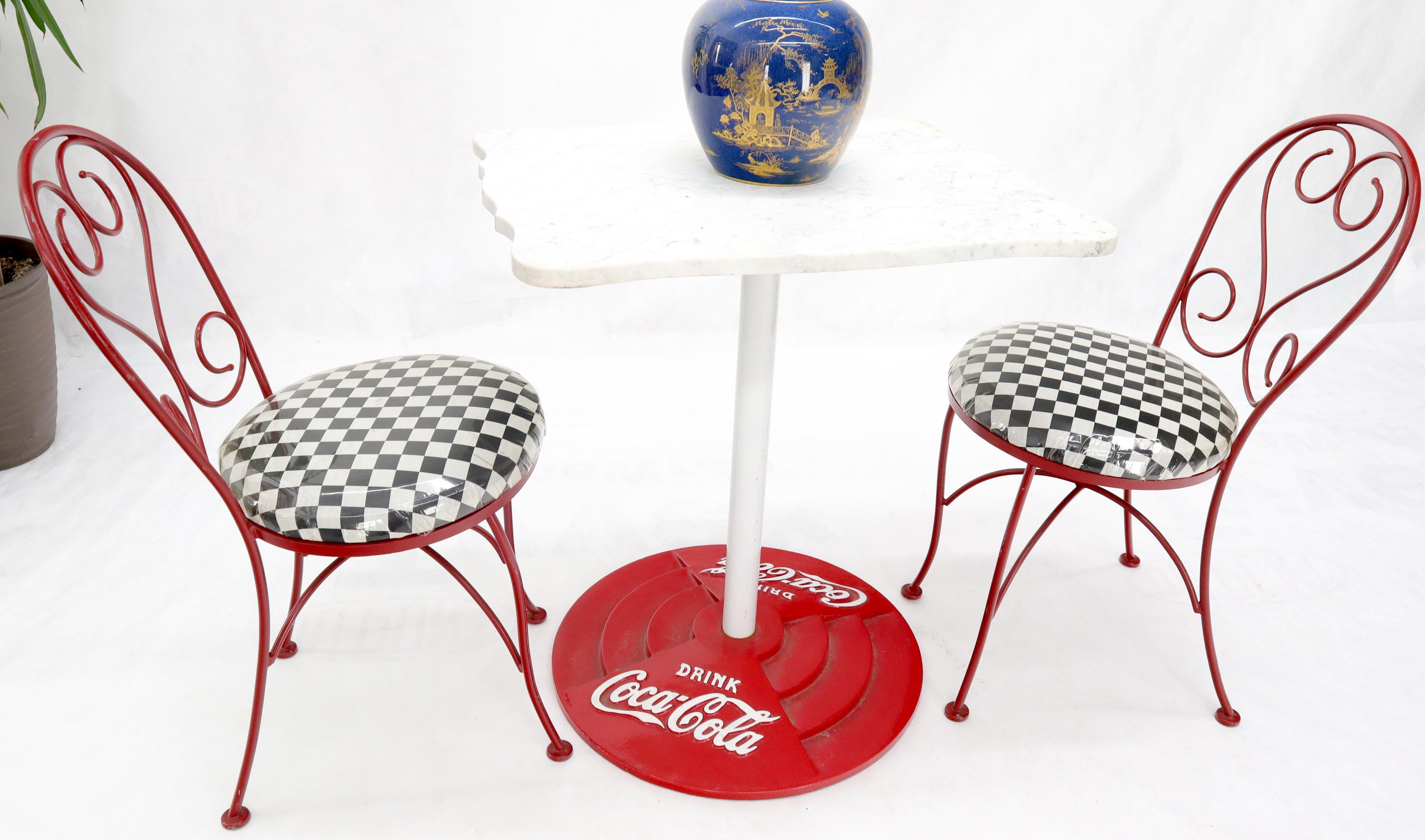 Two Chairs Cast Iron Marble-Top Table Coca-Cola Dinette Ice Cream Set Cafe Table In Good Condition For Sale In Rockaway, NJ