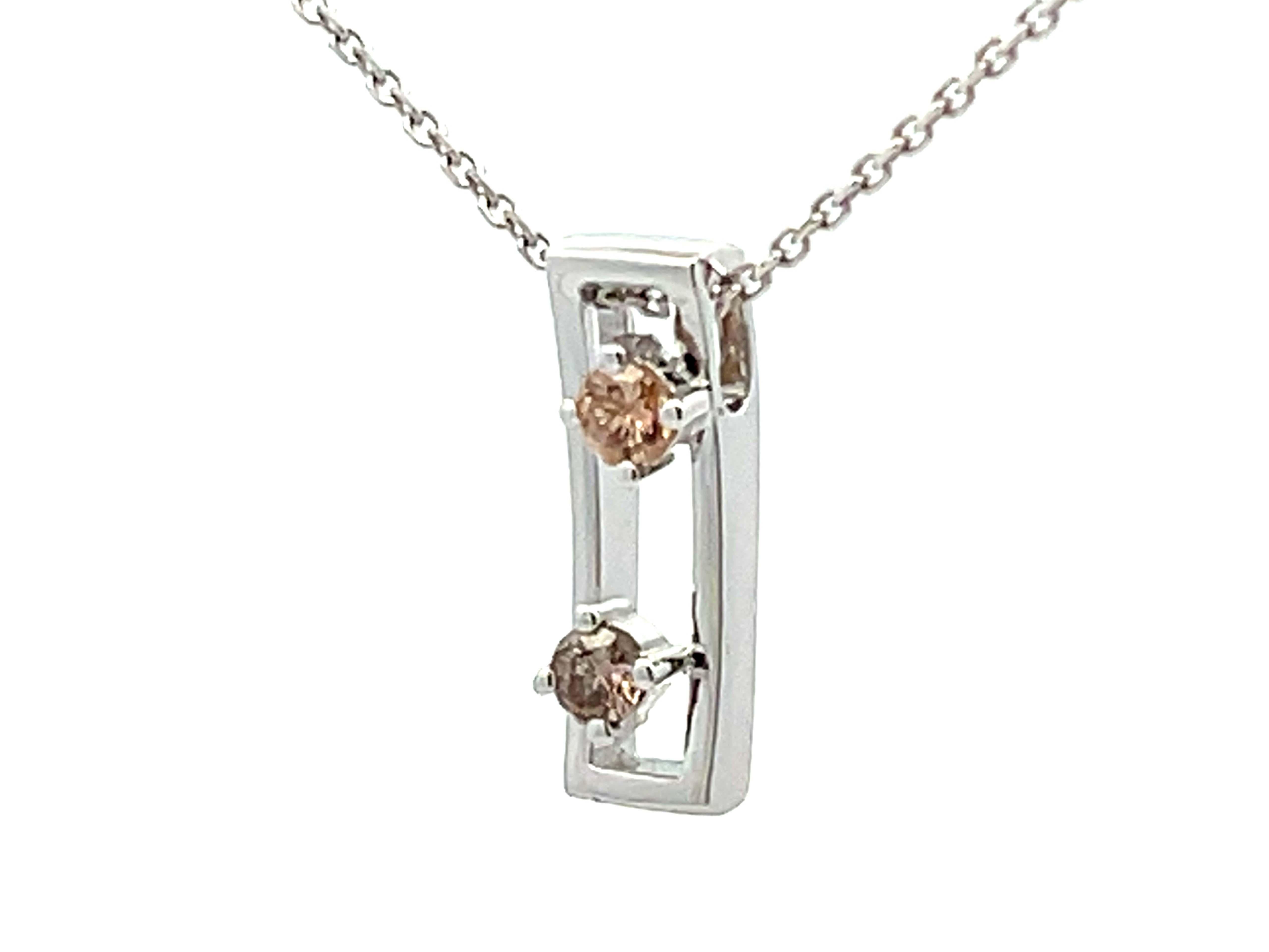Brilliant Cut Two Champagne Diamond Rectangular Pendant Necklace 18k White Gold For Sale