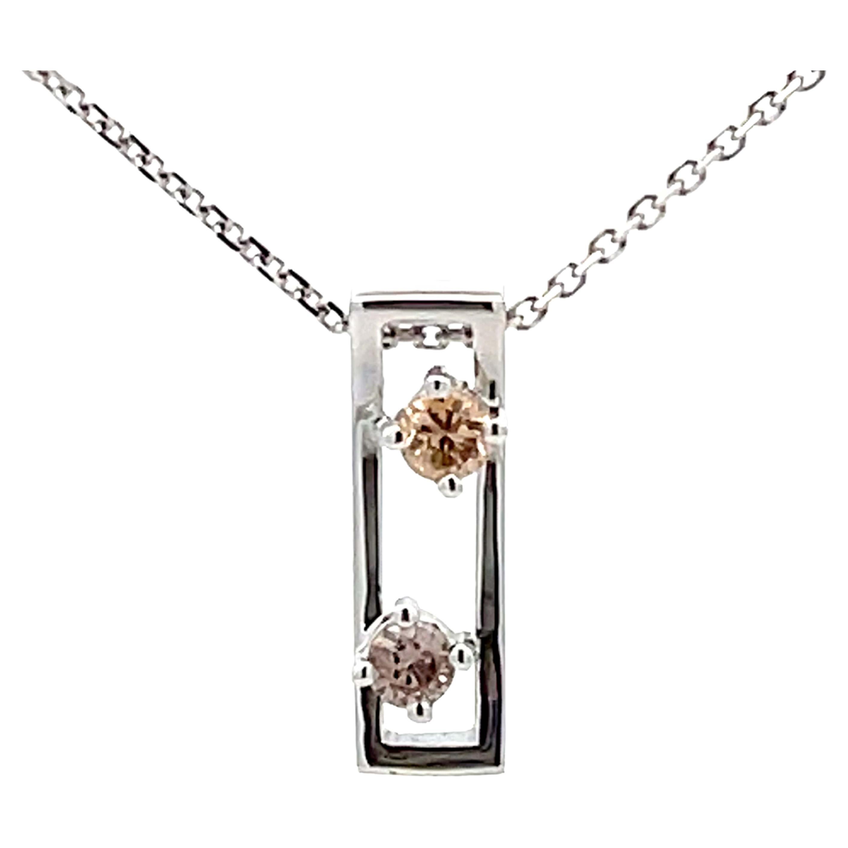 Two Champagne Diamond Rectangular Pendant Necklace 18k White Gold