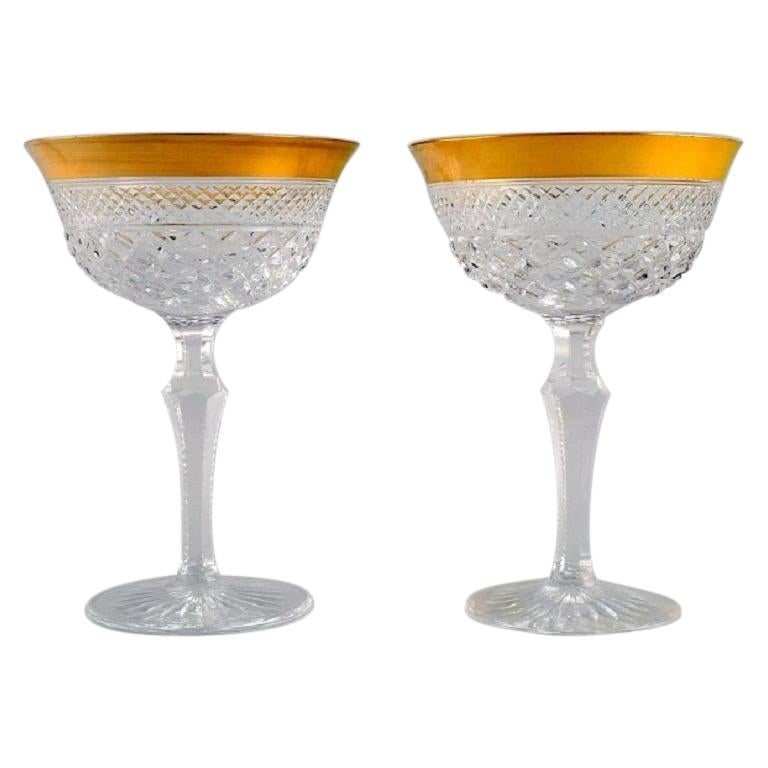 Two Champagne Glasses in Mouth-Blown Crystal Glass with Gold Edge, France, 1930s