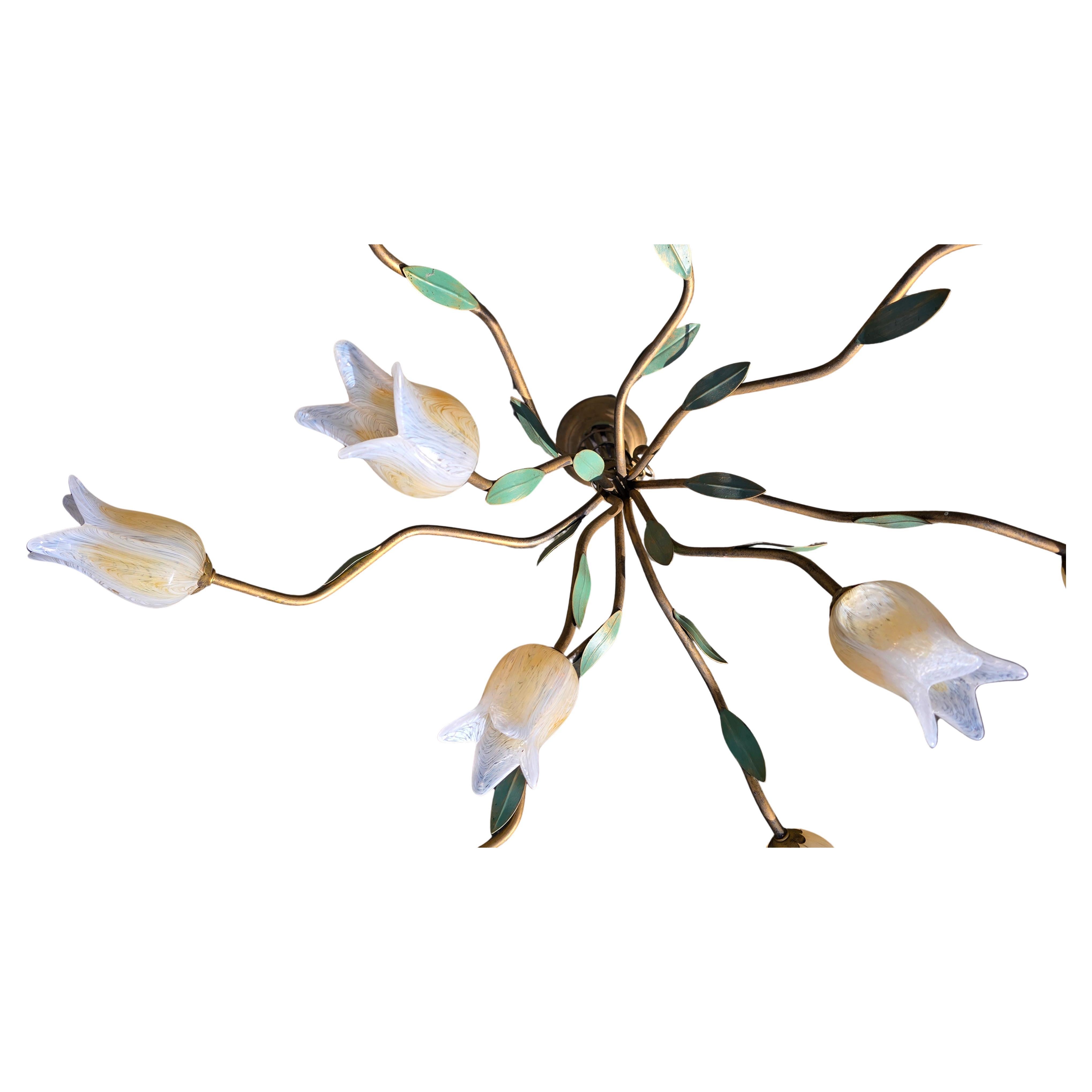 Due  Lampadario a sospensione in stile Florentine con design di tulipani in vetro in vendita 7