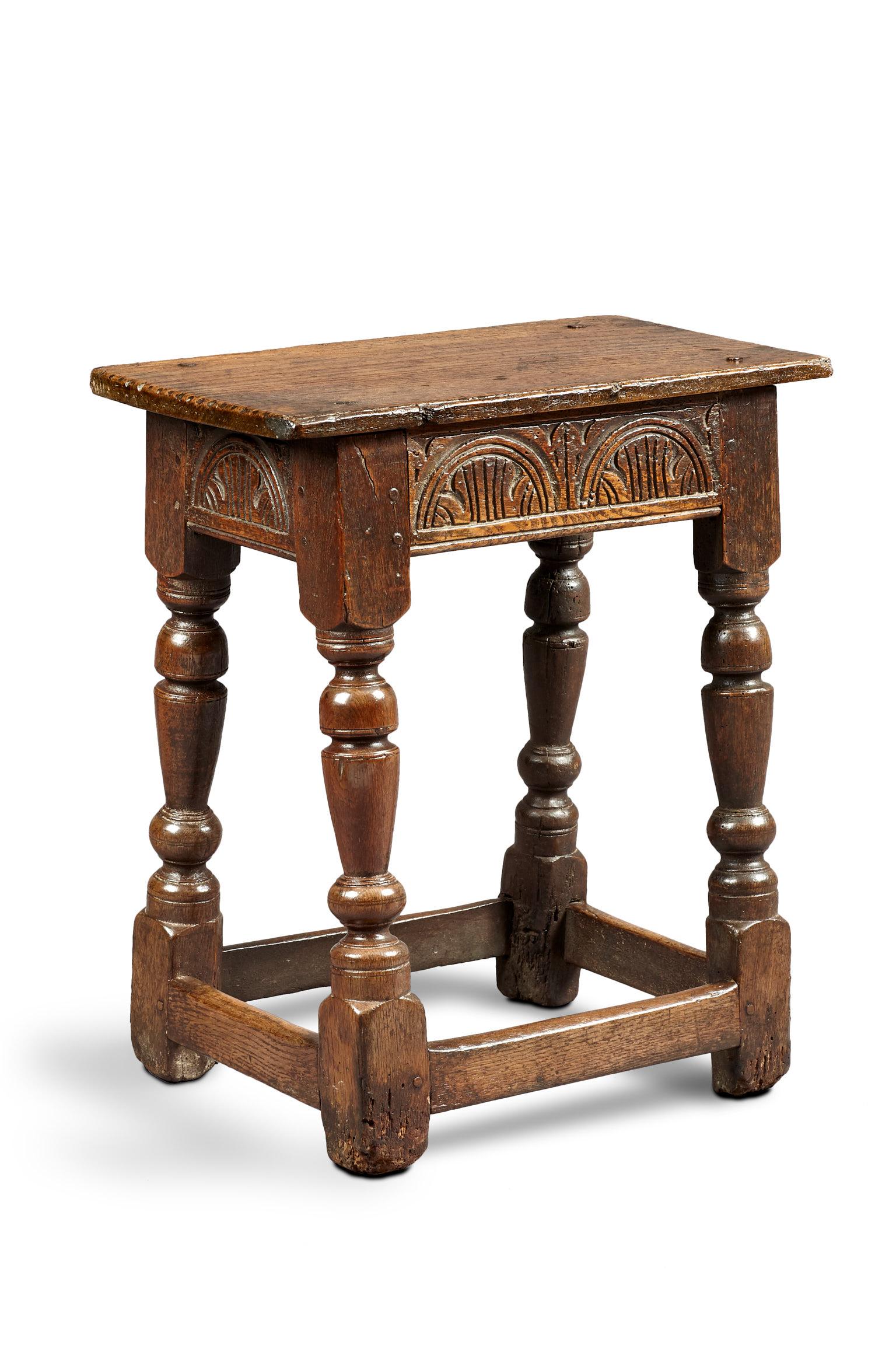 Jacobean Two Charles I Oak Joined Stools, English, Gloucestershire, circa 1630-1640 For Sale