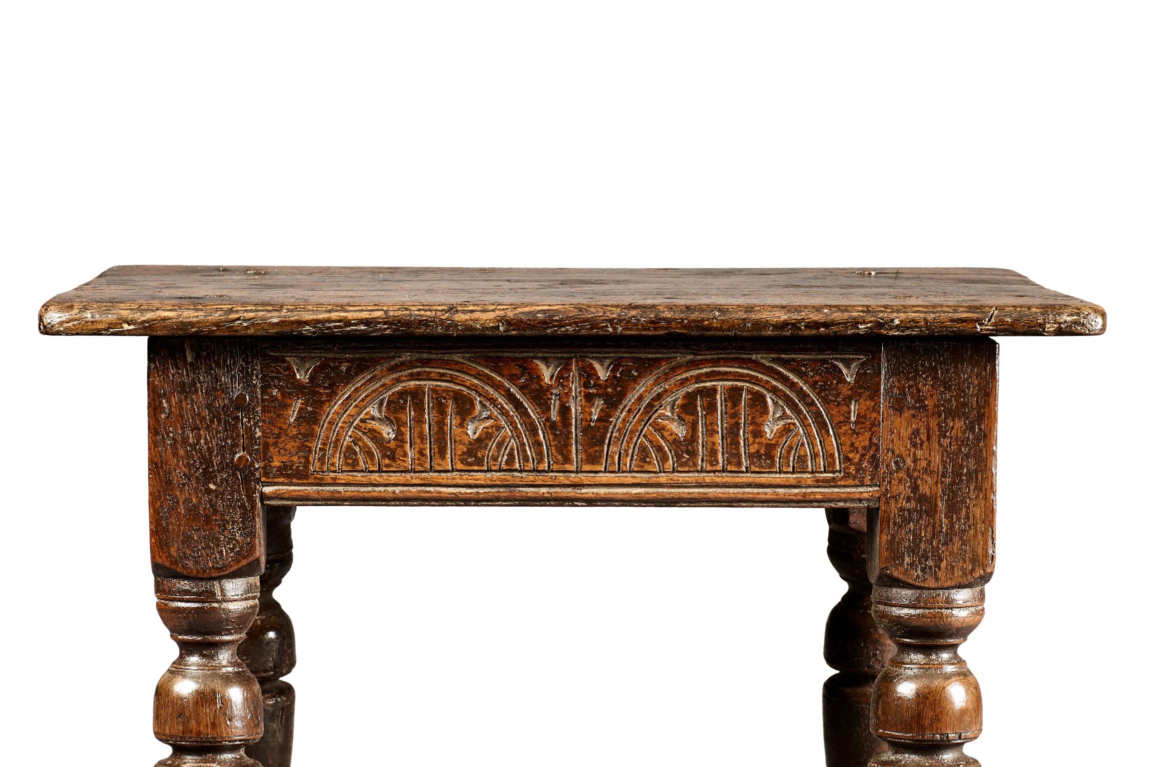 Carved Two Charles I Oak Joined Stools, English, Gloucestershire, circa 1630-1640 For Sale