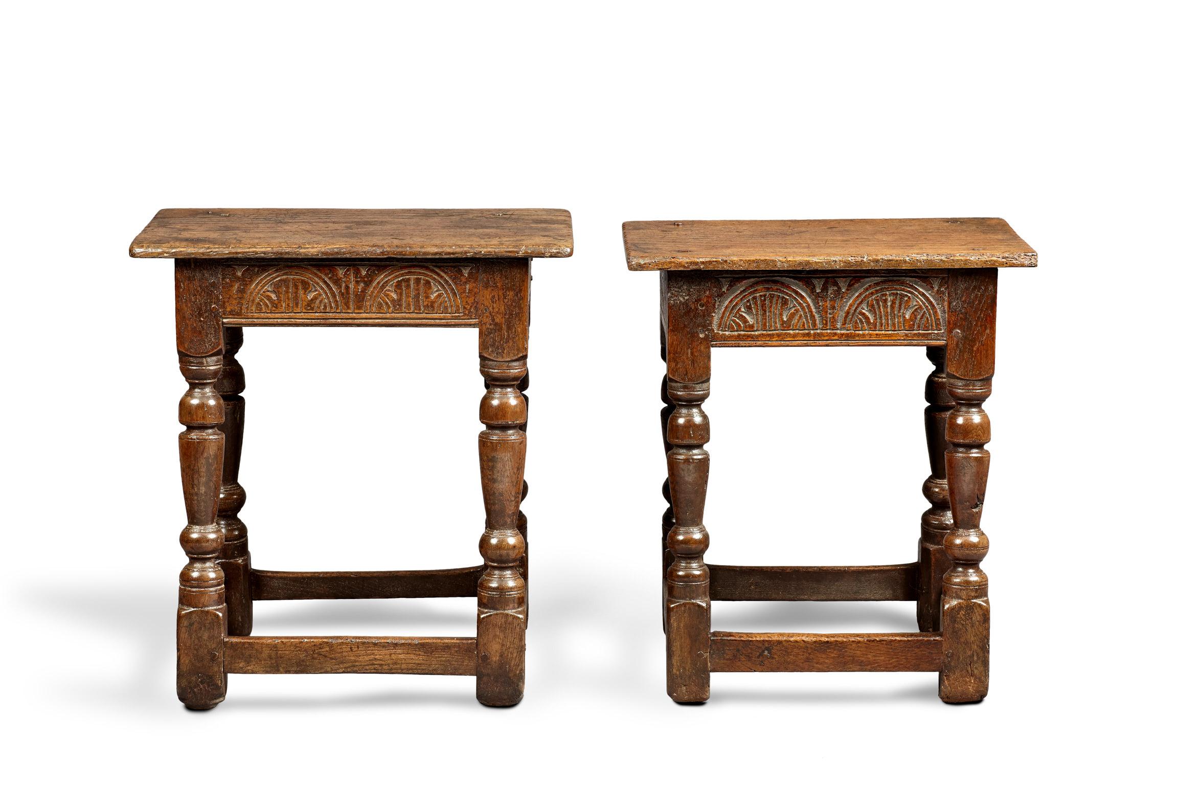 Elm Two Charles I Oak Joined Stools, English, Gloucestershire, circa 1630-1640 For Sale