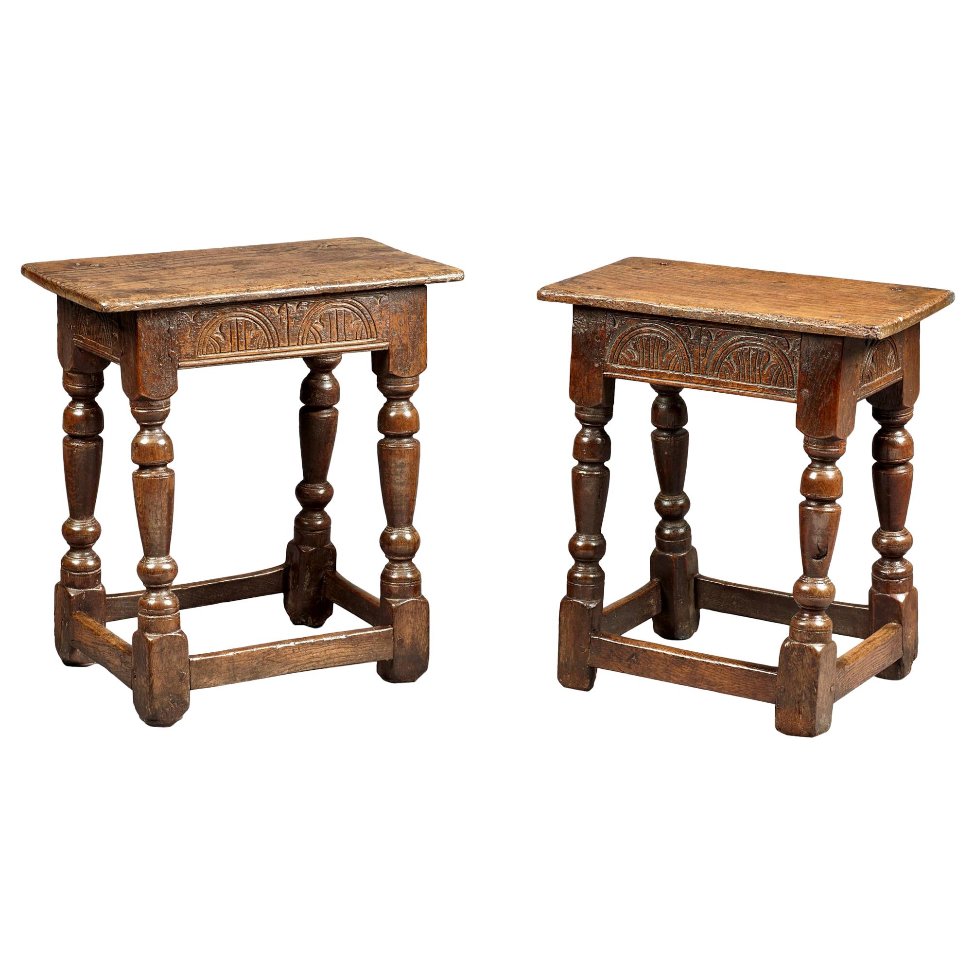 Two Charles I Oak Joined Stools, English, Gloucestershire, circa 1630-1640 For Sale