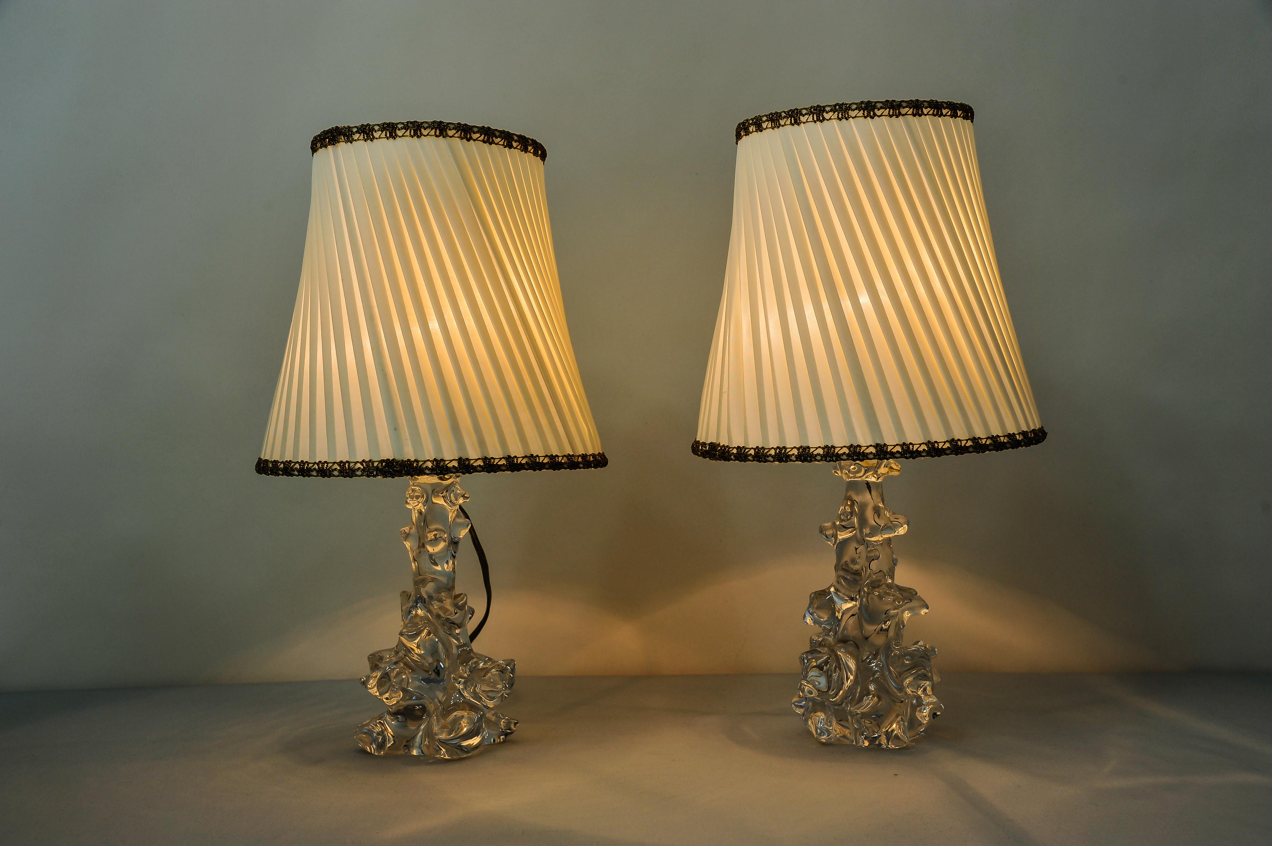 Two Charles Schneider Crystal Glass Table Lamps and Original Fabric Shades 1960s For Sale 2