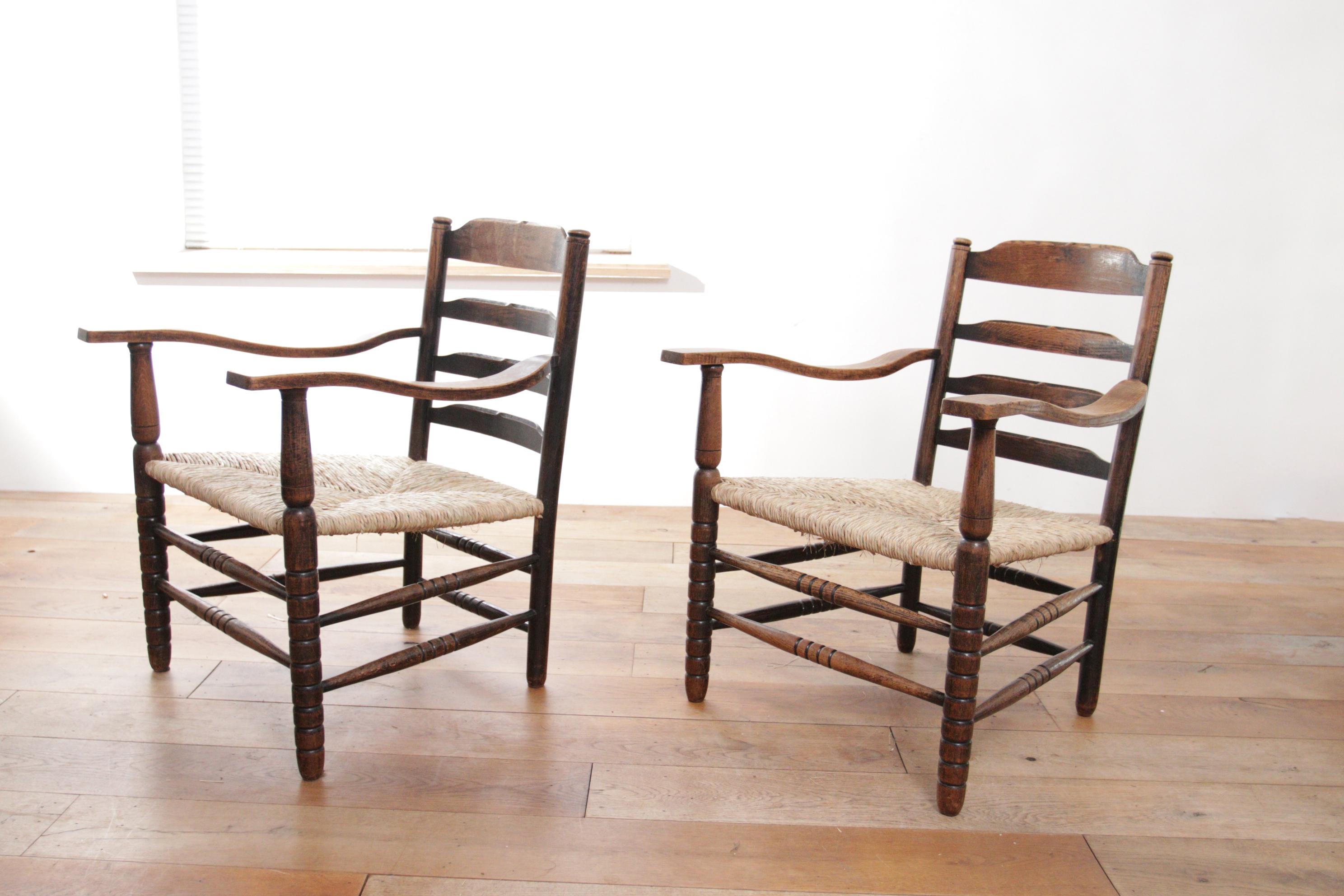 Two Charming Dutch Rural Ladder Back Oak Rush Seat Armchairs 1920's For Sale 12