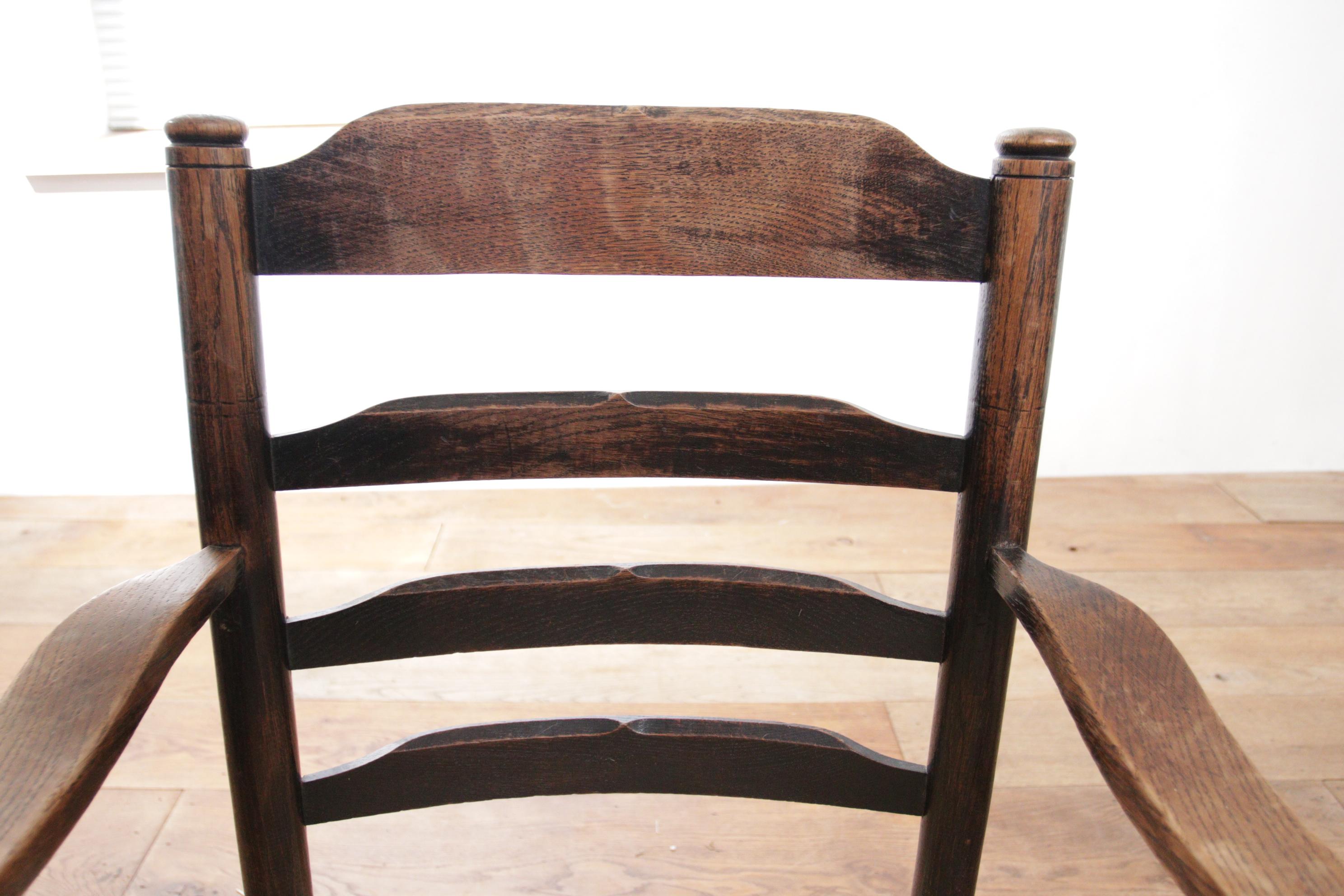 Country Two Charming Dutch Rural Ladder Back Oak Rush Seat Armchairs 1920's For Sale