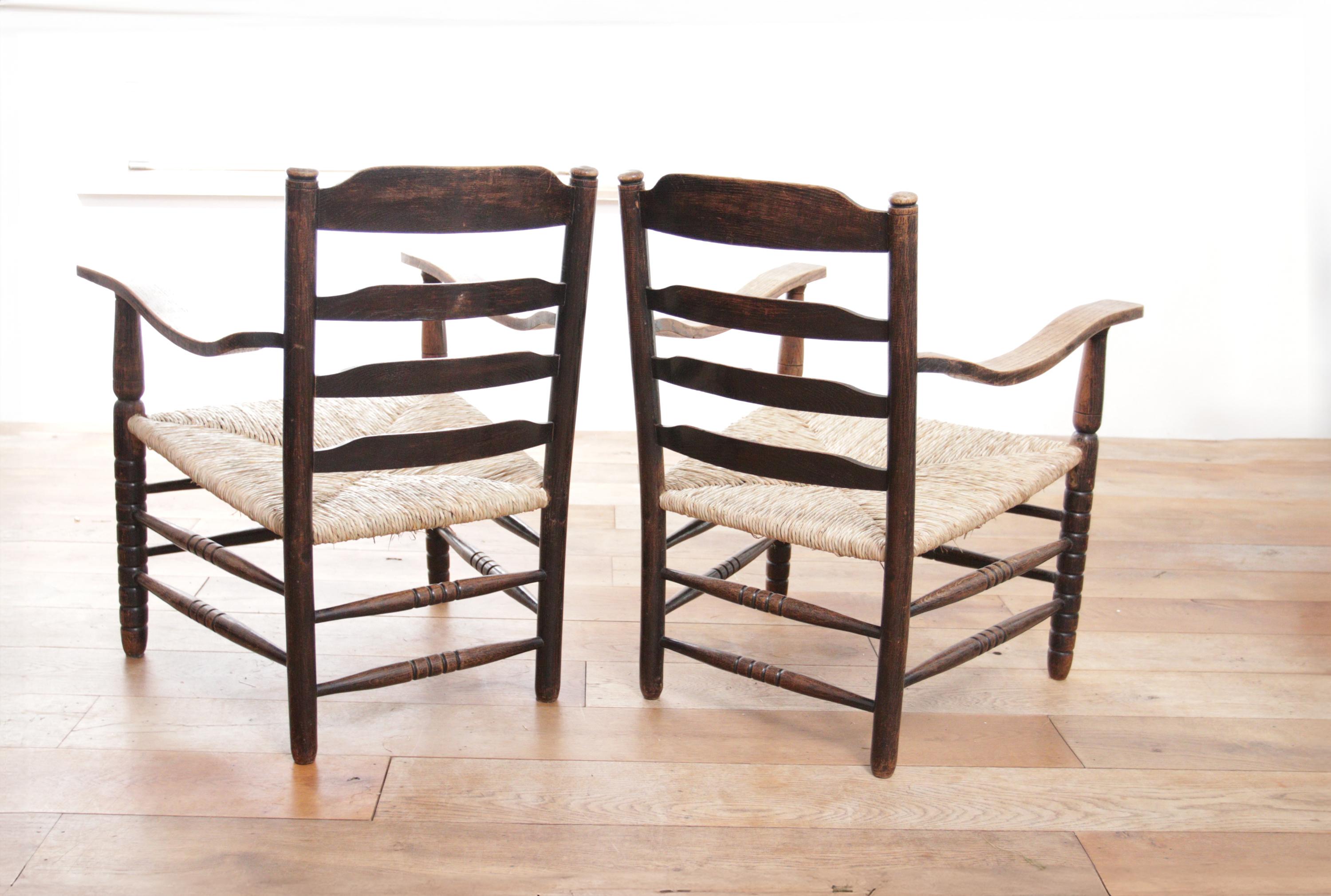 Two Charming Dutch Rural Ladder Back Oak Rush Seat Armchairs 1920's For Sale 1