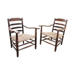 Antique Two Charming Dutch Rural Ladder Back Oak Rush Seat Armchairs 1920's