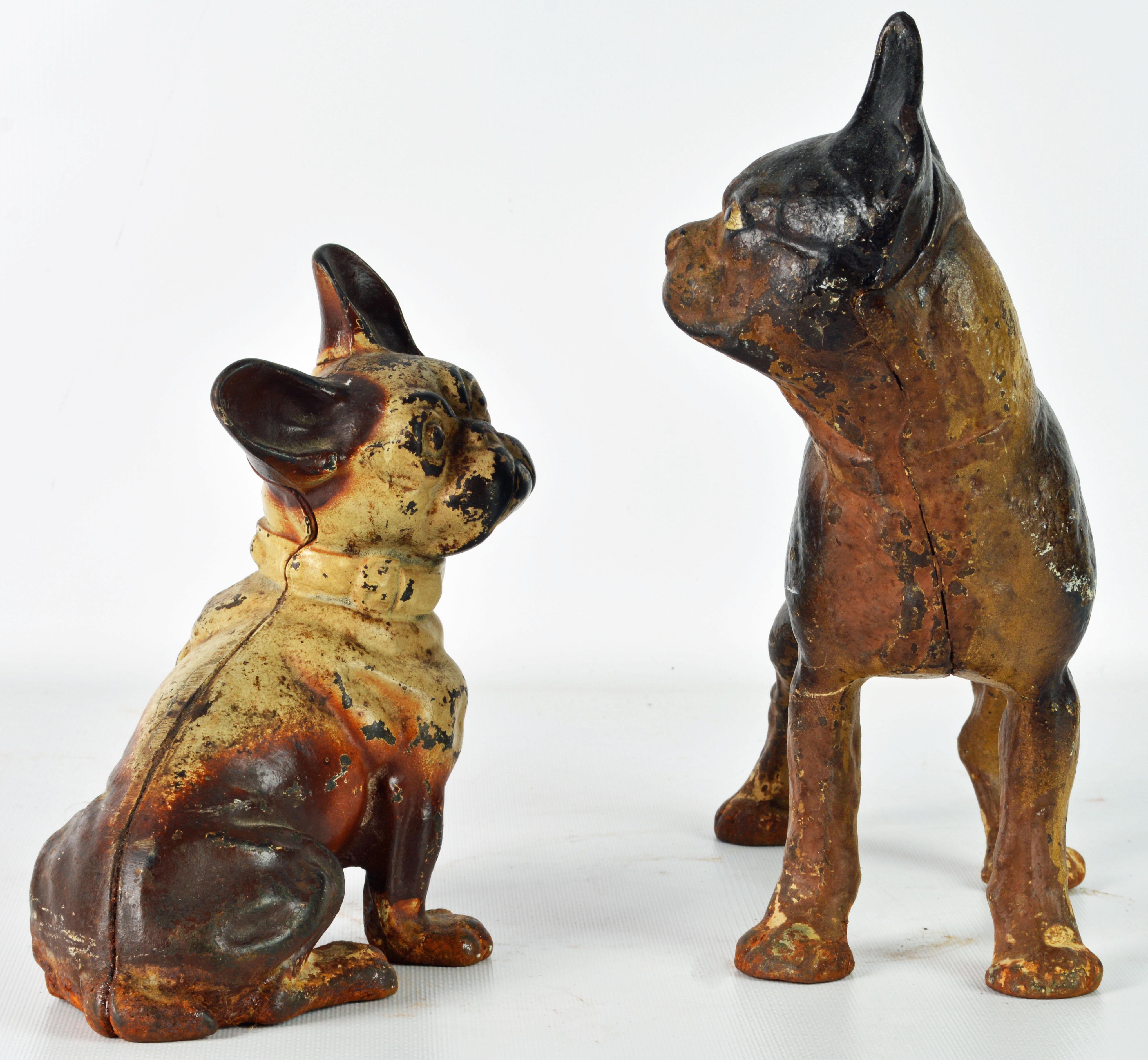 A most fetching sight. The dogs compliment each other well and show a nice overall wear to the color surfaces. Measurements refer to the largest dog.
Decorative doorstops weren’t widely used in American homes until after the Civil War, and most