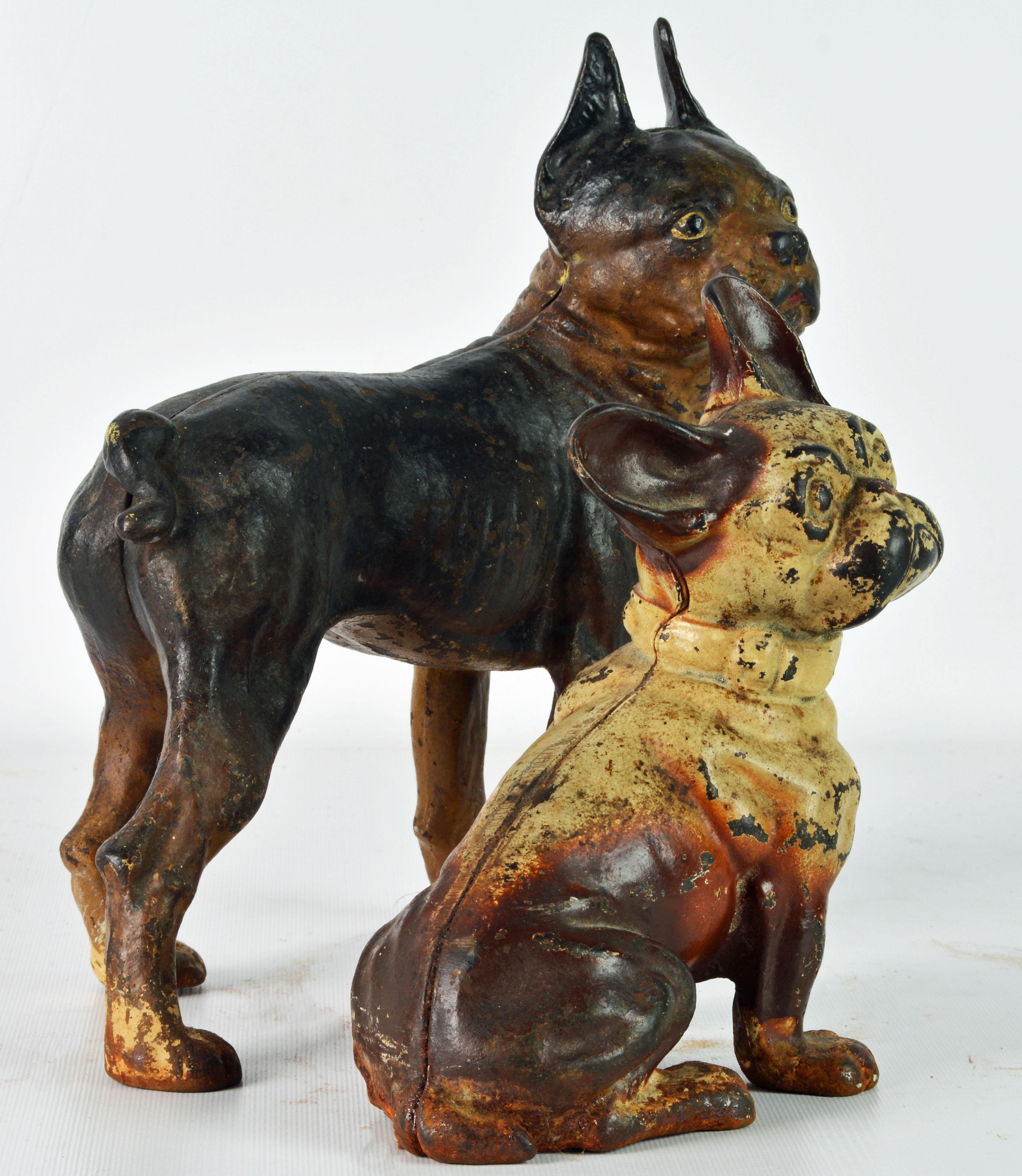 American Two Charming Early 20th Century Painted Cast Iron Door Stop Dogs