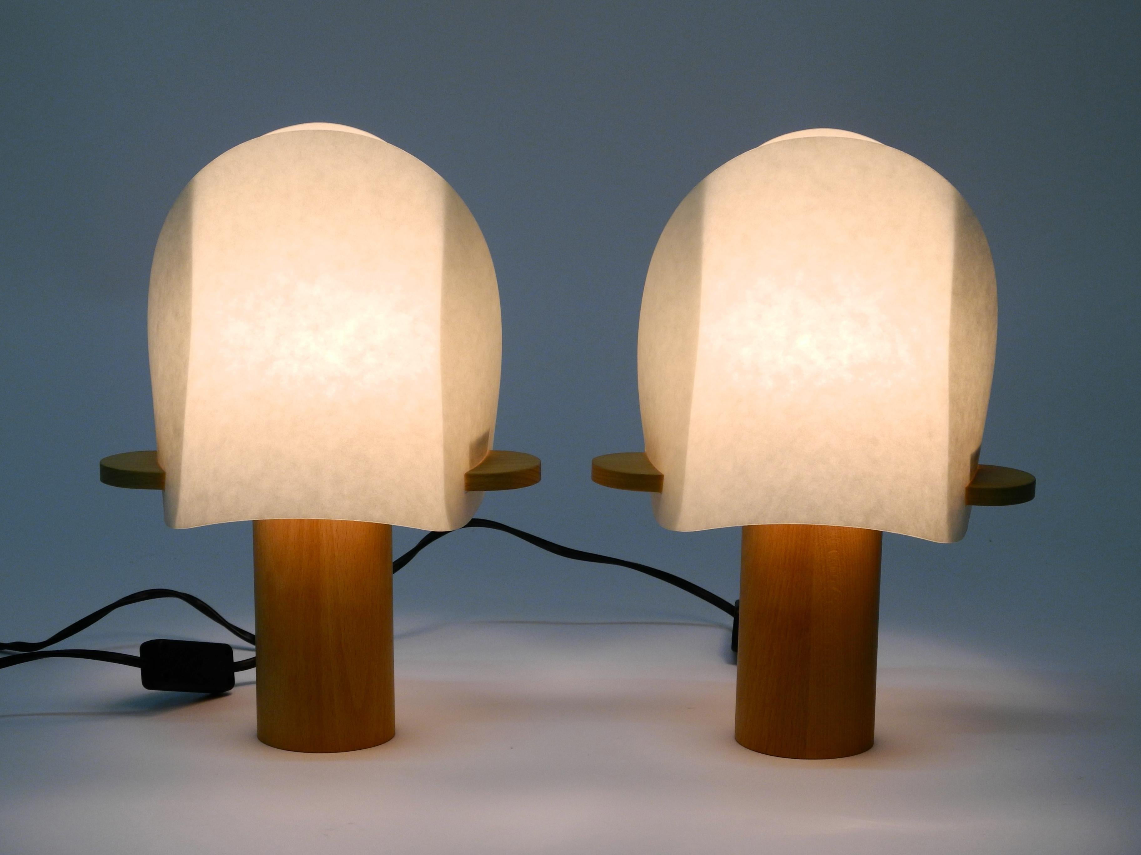 Two Charming Minimalistic Oak Table Lamps with Lunopal Shades by Domus  1980s In Good Condition For Sale In München, DE