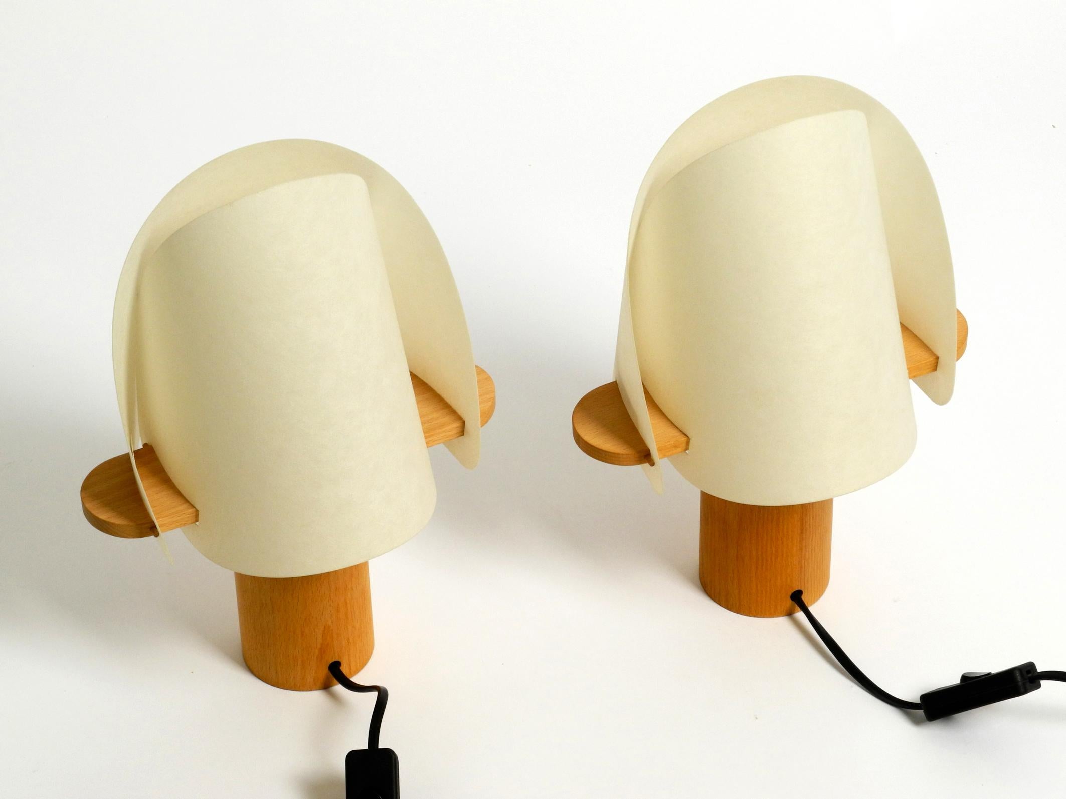 Late 20th Century Two Charming Minimalistic Oak Table Lamps with Lunopal Shades by Domus  1980s For Sale
