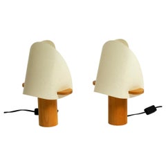 Two Charming Minimalistic Oak Table Lamps with Lunopal Shades by Domus  1980s