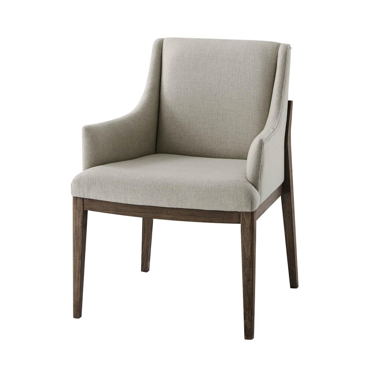 with a brushed beech frame in a dark Charteris finish, with a performance fabric upholstered backrest, seat and arms, raised on tapered legs.

Dimensions: 24.5