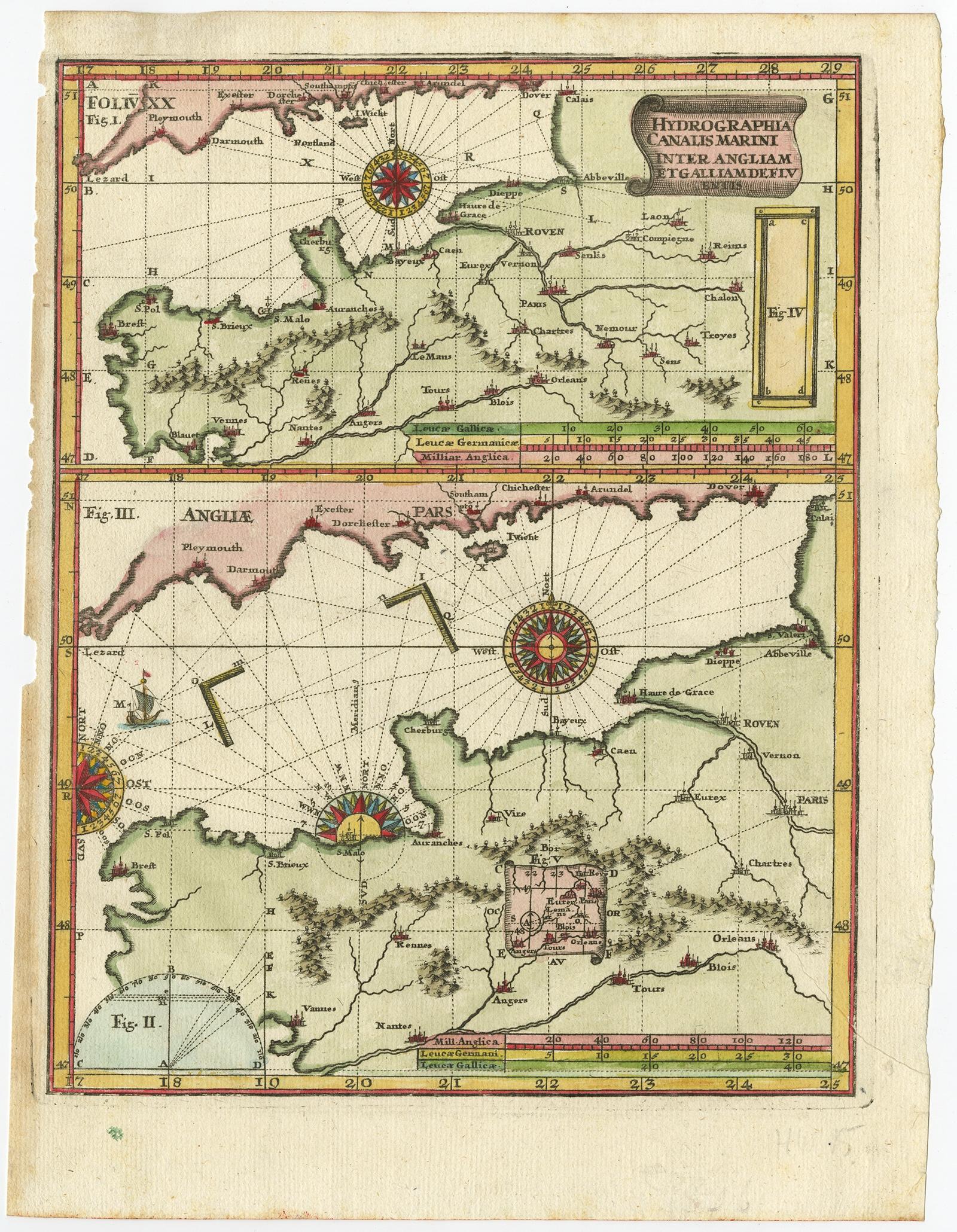 Antique map titled 'Hydrographia Canalis Marini Inter Angliam et Galiiam de Fluentis.' 

Sheet with with two charts of the English Channel, each adorned with beautiful compass roses. The lower chart is inset with a tiny map of the region between