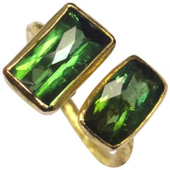 Two Chequerboard Green Tourmalines 18 Carat Gold Cocktail Ring