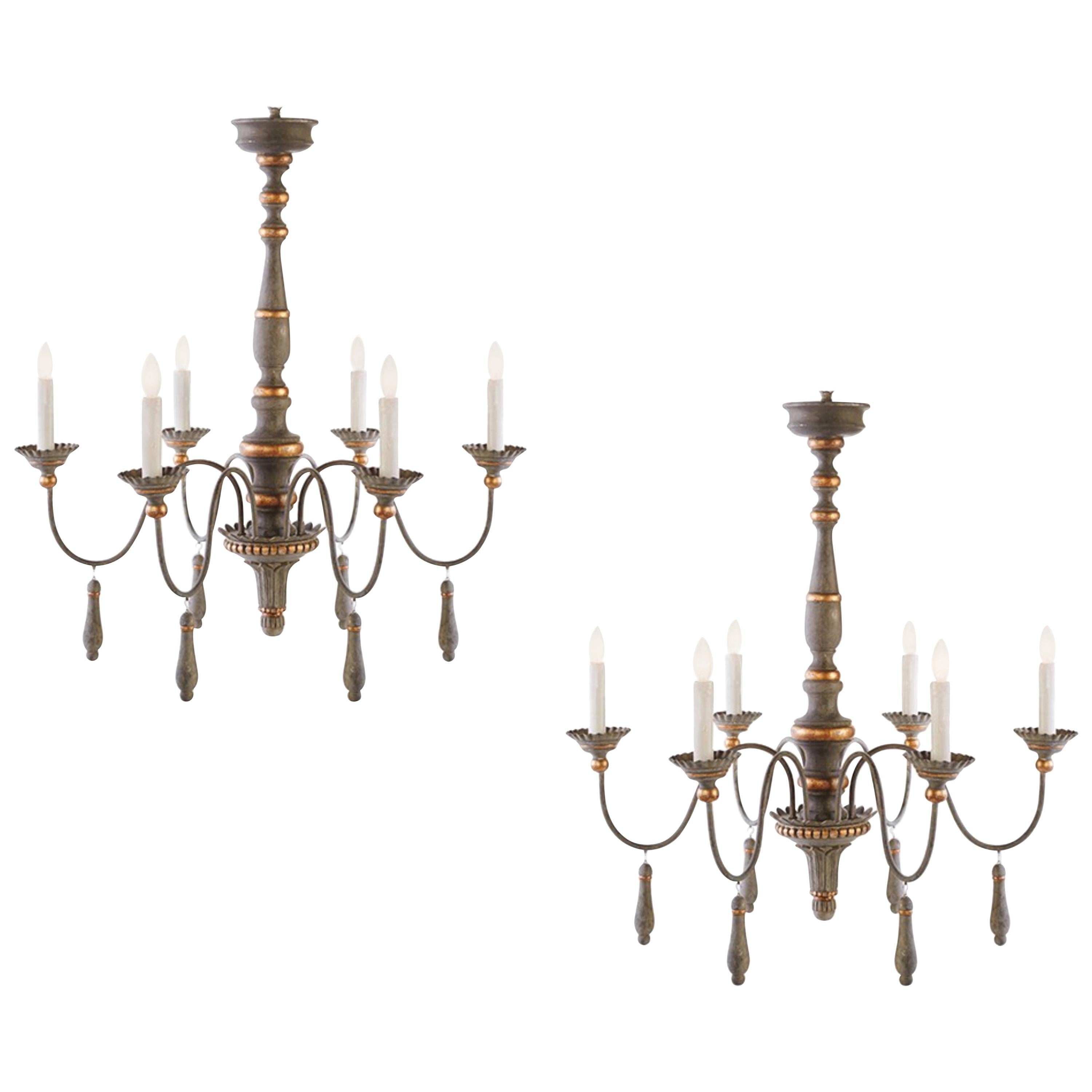 Two Chic Six-Arm Chandeliers in Lovely French Grey Finish, Gilt Accents.  For Sale