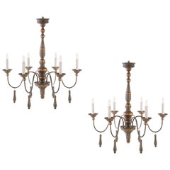 Two Chic Six-Arm Chandeliers in Lovely French Grey Finish, Gilt Accents. 