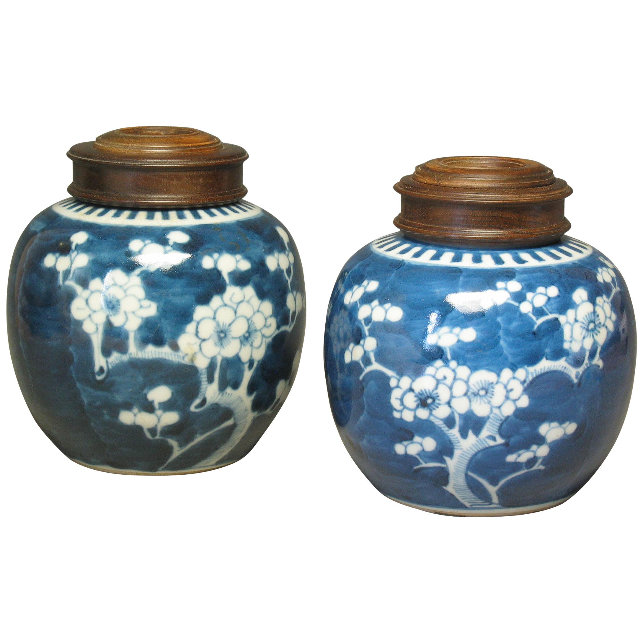 Two Chinese Blue and White Prunus Globular Jars Late Qing Dynasty