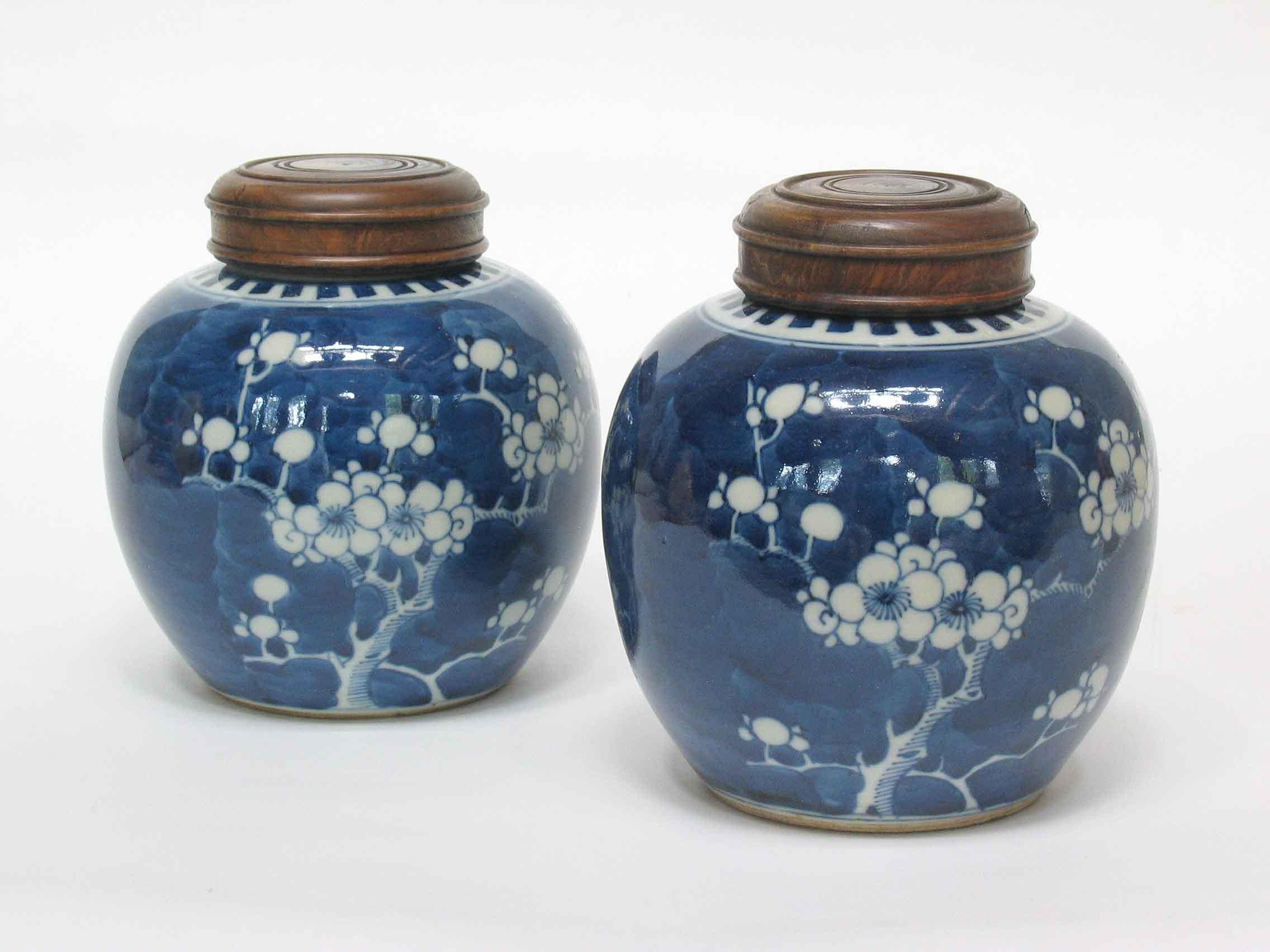 Chinese Export Two Chinese Blue & White Porcelain Globular 'PRUNUS' Jars For Sale