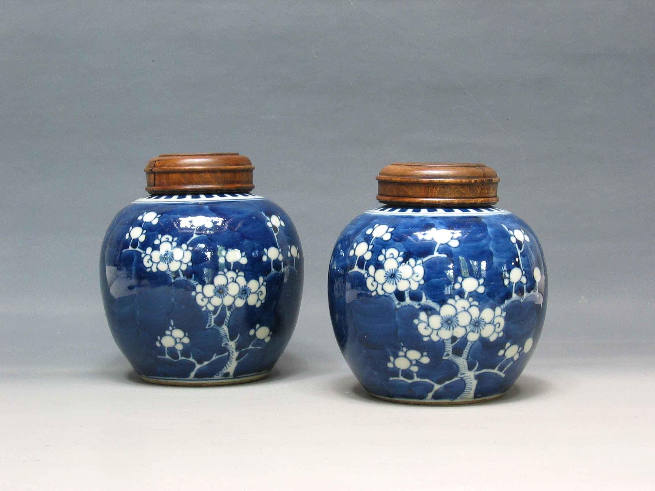 Hand-Crafted Two Chinese Blue & White Porcelain Globular 'PRUNUS' Jars For Sale