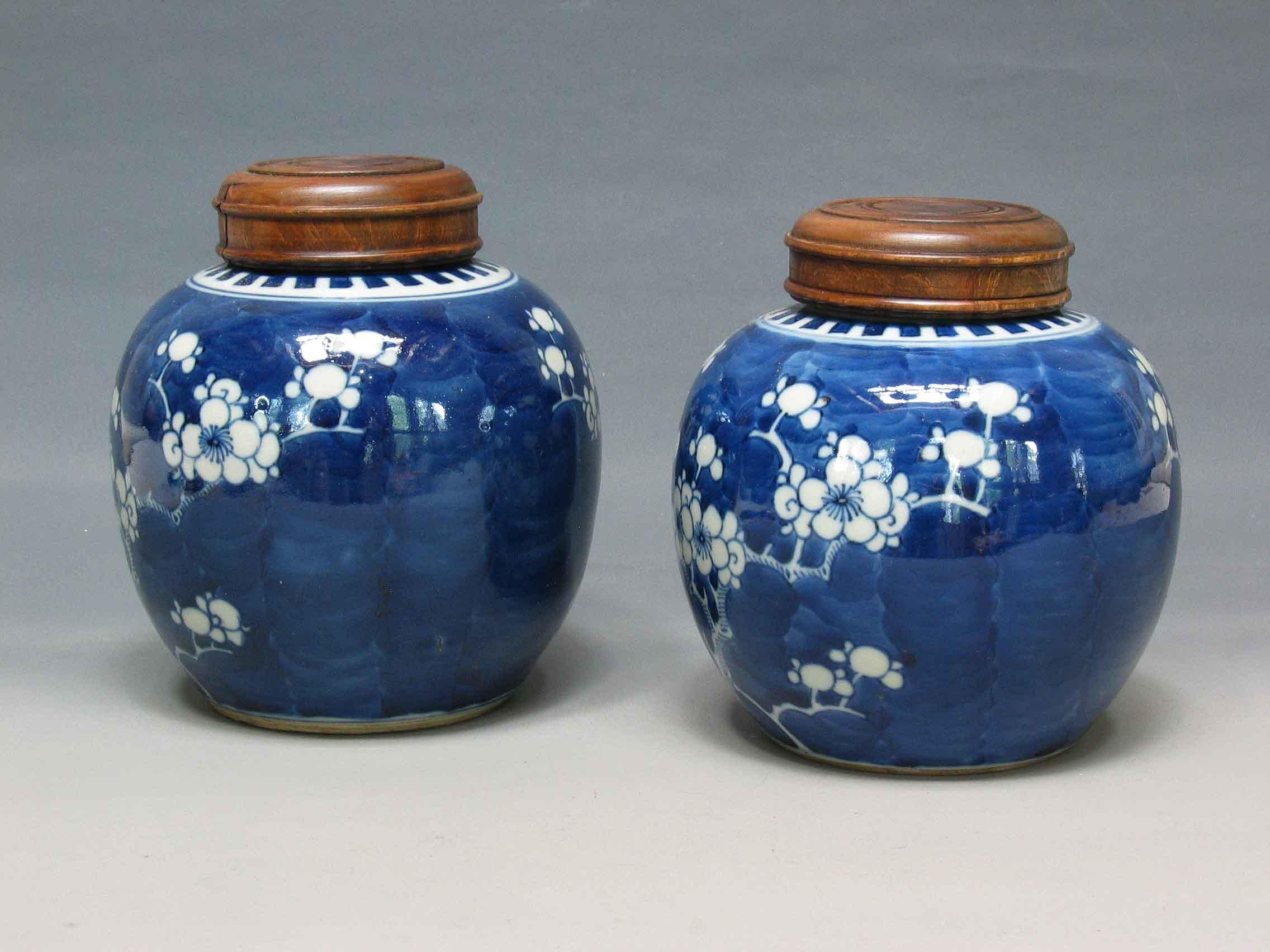 Ceramic Two Chinese Blue & White Porcelain Globular 'PRUNUS' Jars For Sale