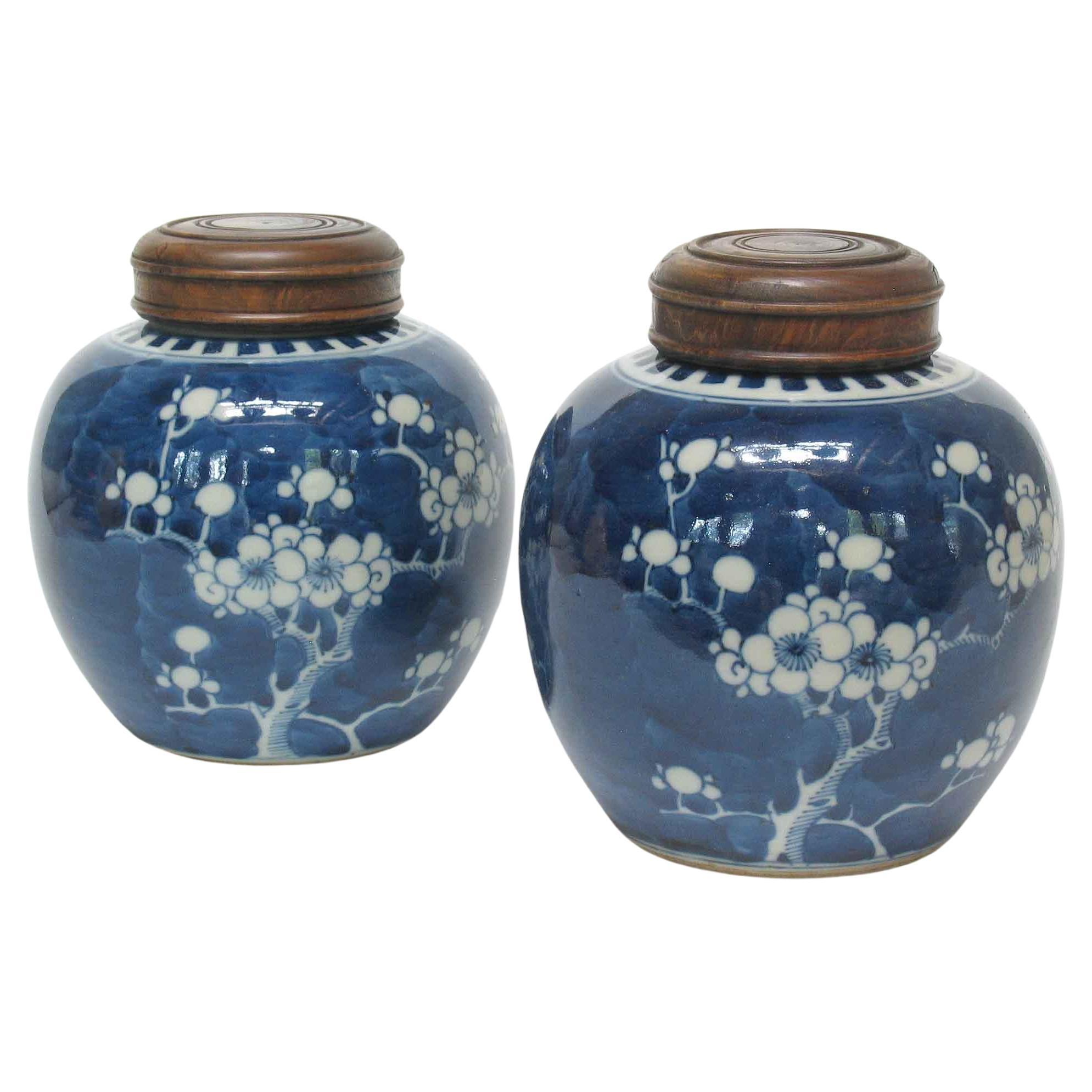 Deux pots globulaires « PRUNUS » chinois en porcelaine bleue et blanche en vente