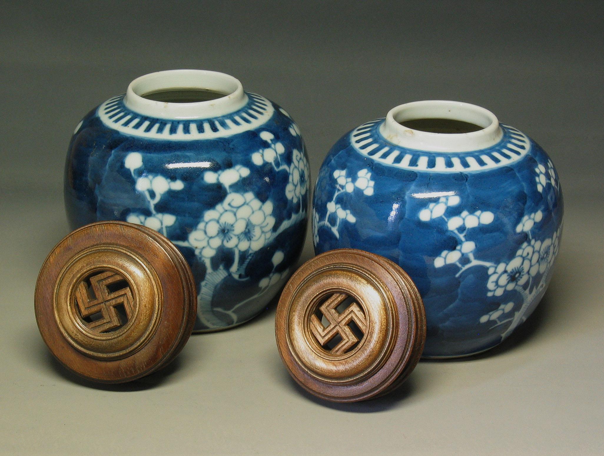 19th Century Two Chinese Blue and White Prunus Globular Jars Late Qing Dynasty