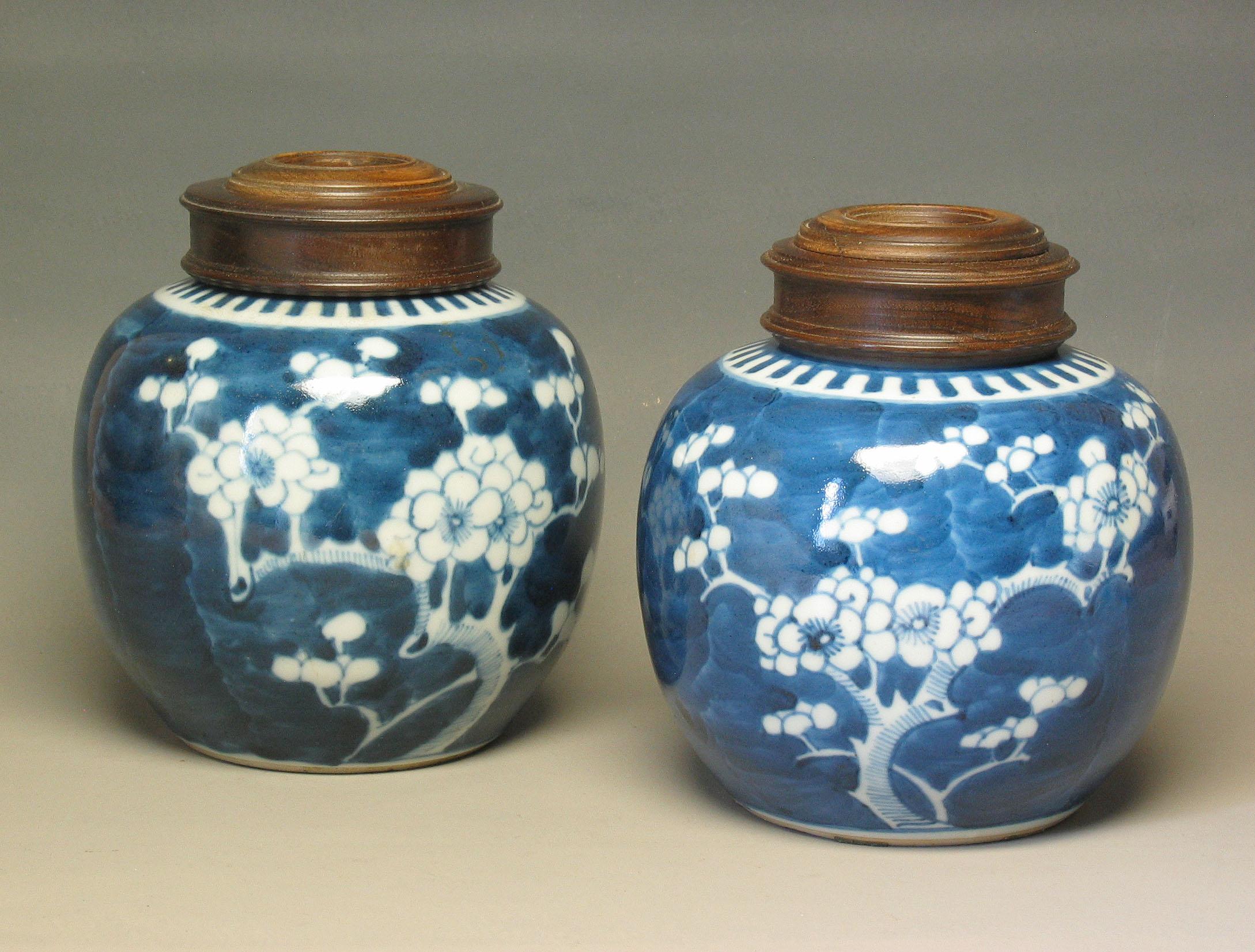 Two Chinese Blue and White Prunus Globular Jars Late Qing Dynasty 1