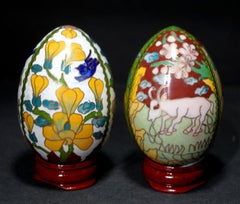 Two Chinese Cloisonné Enamel Eggs "Flowers and Animals" with Wood Stands #9