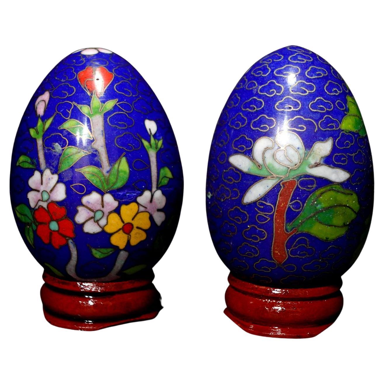 Two Chinese Cloisonné Enamel Eggs "Flowers" with Wood Stands #10 For Sale