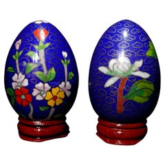 Two Chinese Cloisonné Enamel Eggs "Flowers" with Wood Stands #10