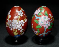 Two Chinese Cloisonné Enamel Eggs "Flowers" with Wood Stands #11