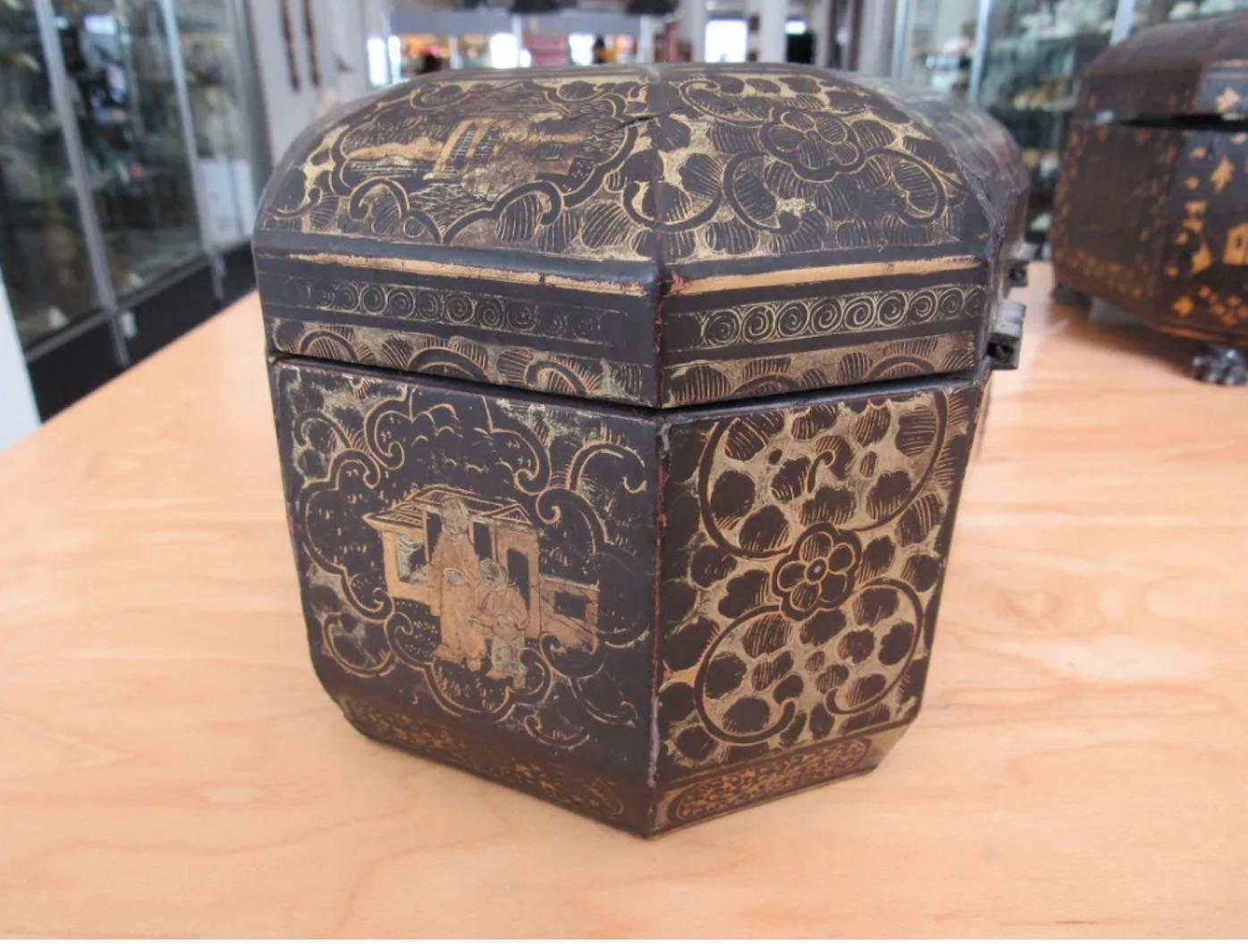 Two Chinese Export Lacquered Tea Caddy for the English Market, Priced Per Caddy In Good Condition For Sale In Buchanan, MI