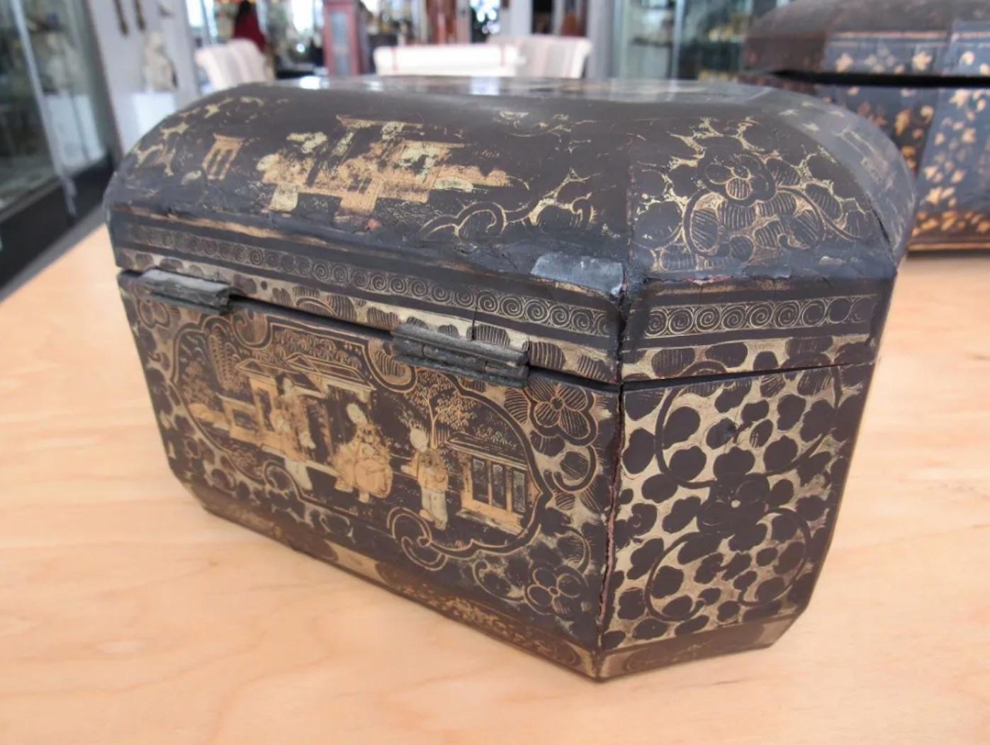 19th Century Two Chinese Export Lacquered Tea Caddy for the English Market, Priced Per Caddy For Sale