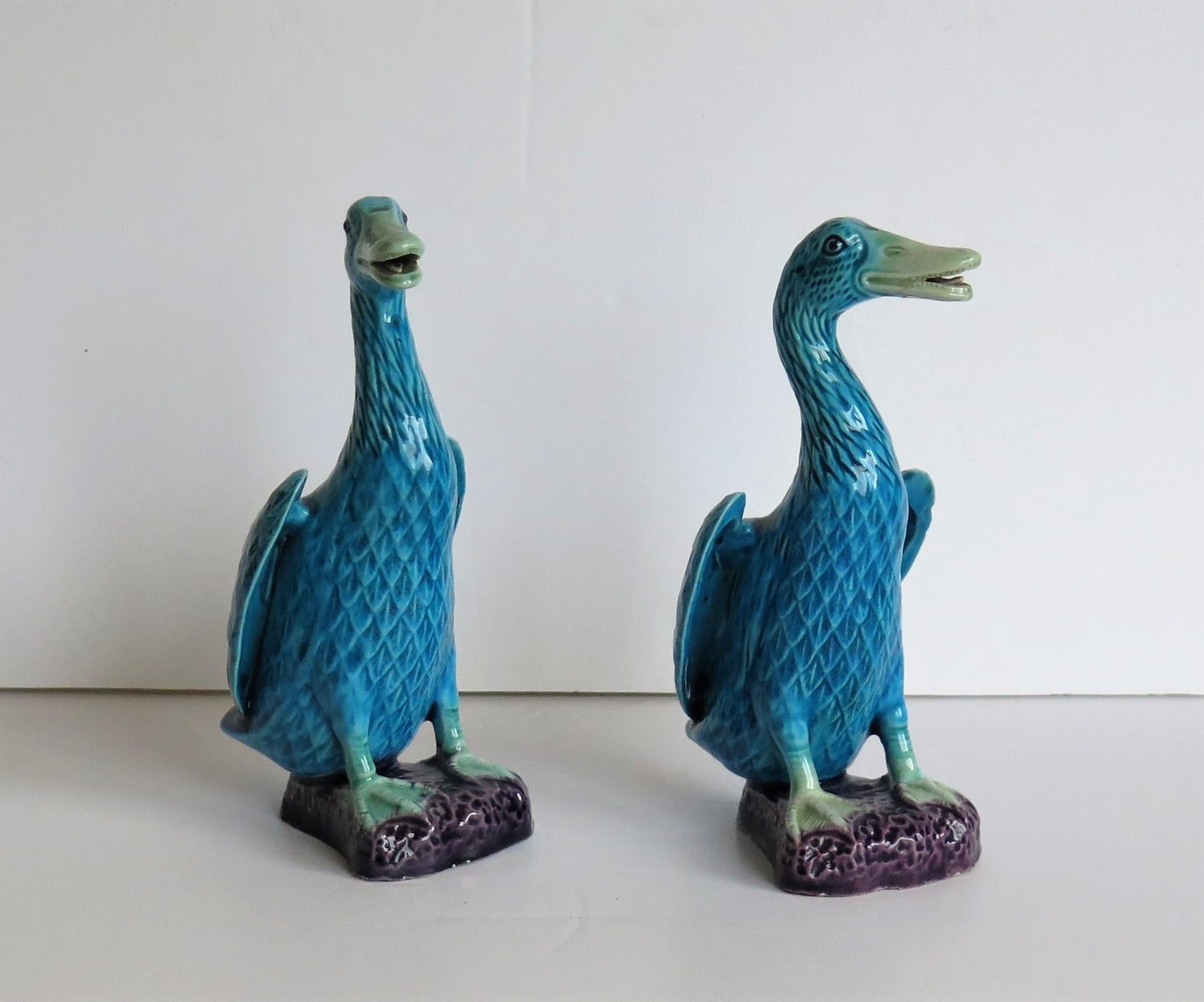 Glazed Two Chinese Export Porcelain Geese or Goose Bird Figurines in Poychrome Enamels