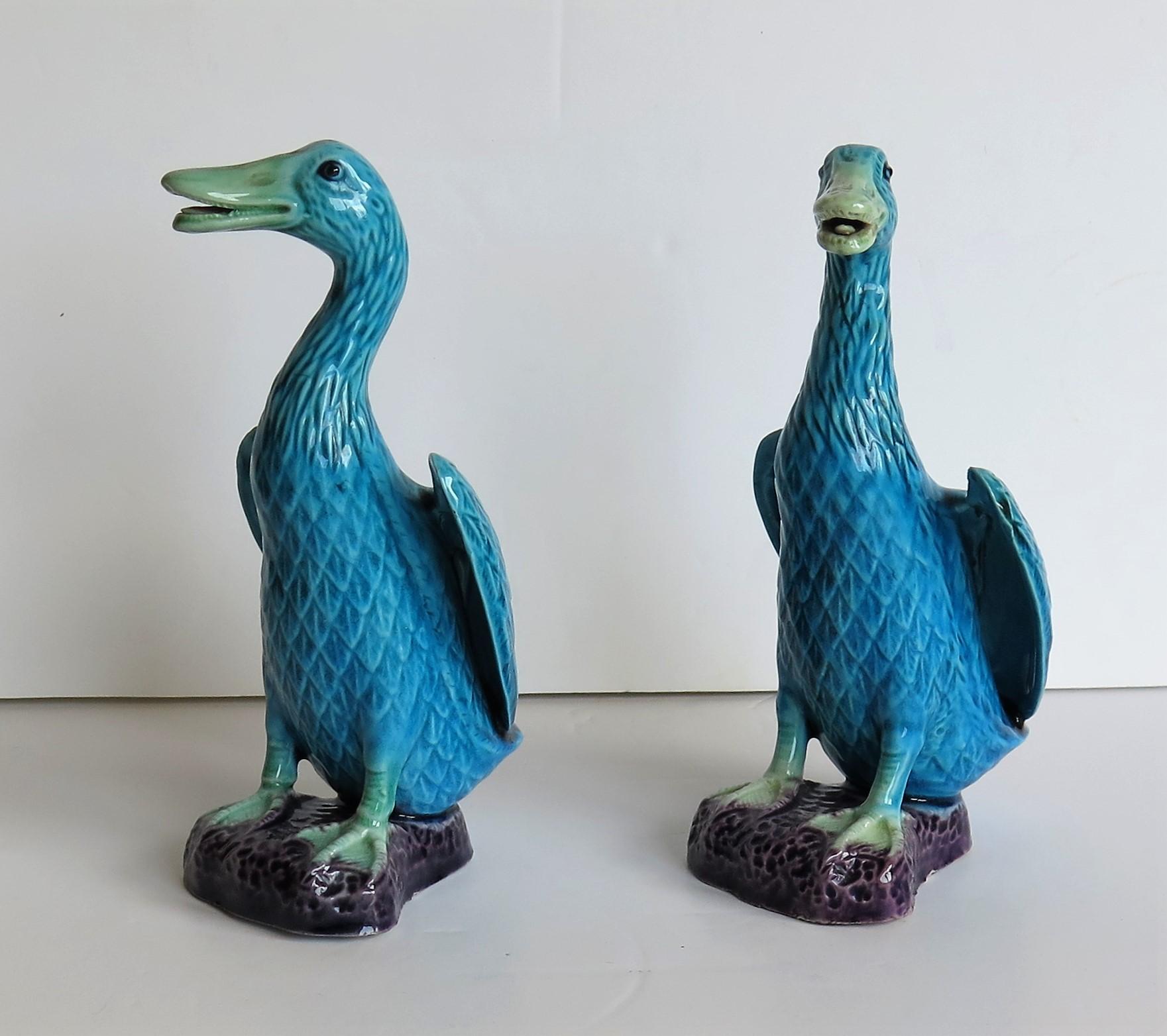 20th Century Two Chinese Export Porcelain Geese or Goose Bird Figurines in Poychrome Enamels