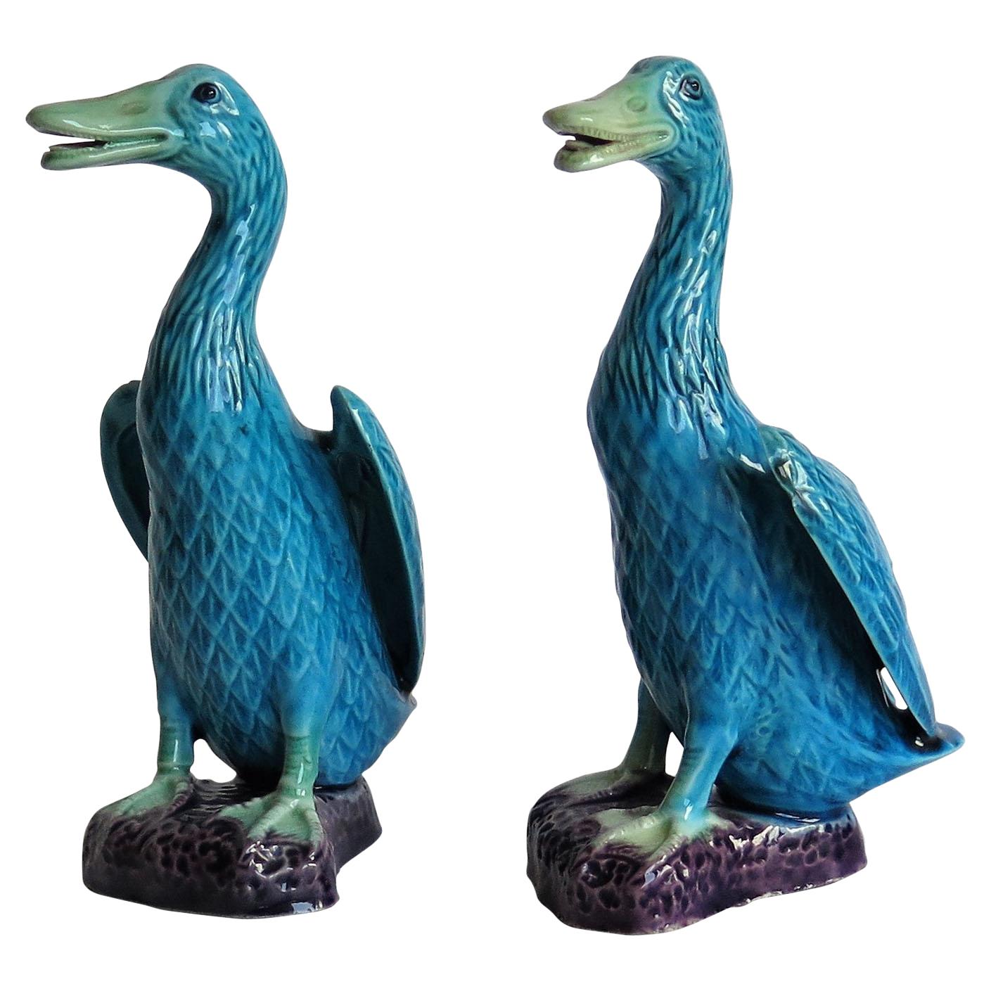 Two Chinese Export Porcelain Geese or Goose Bird Figurines in Poychrome Enamels