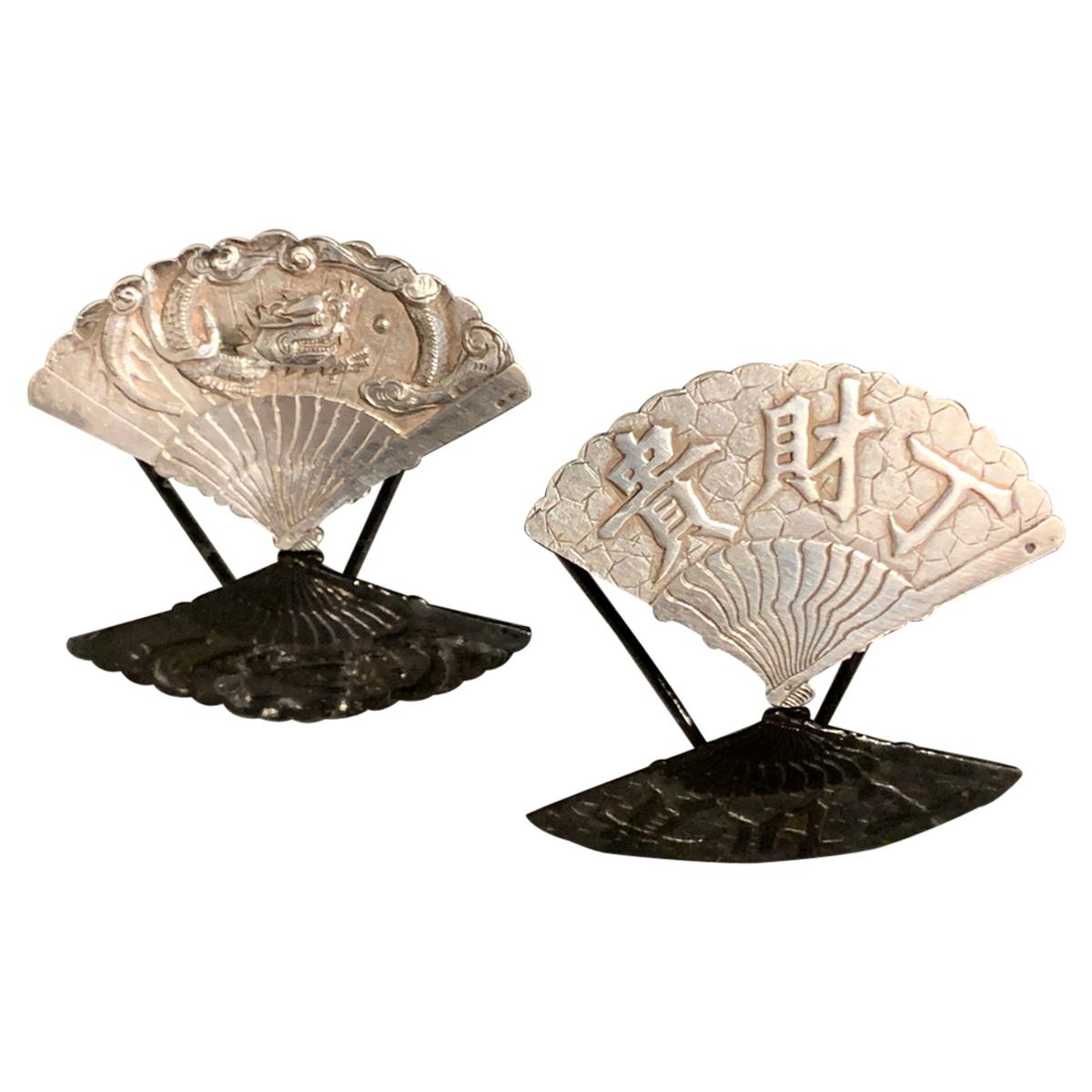 Two Chinese Export Silver Place Card Holders by Wang Hing, Early 20th Century