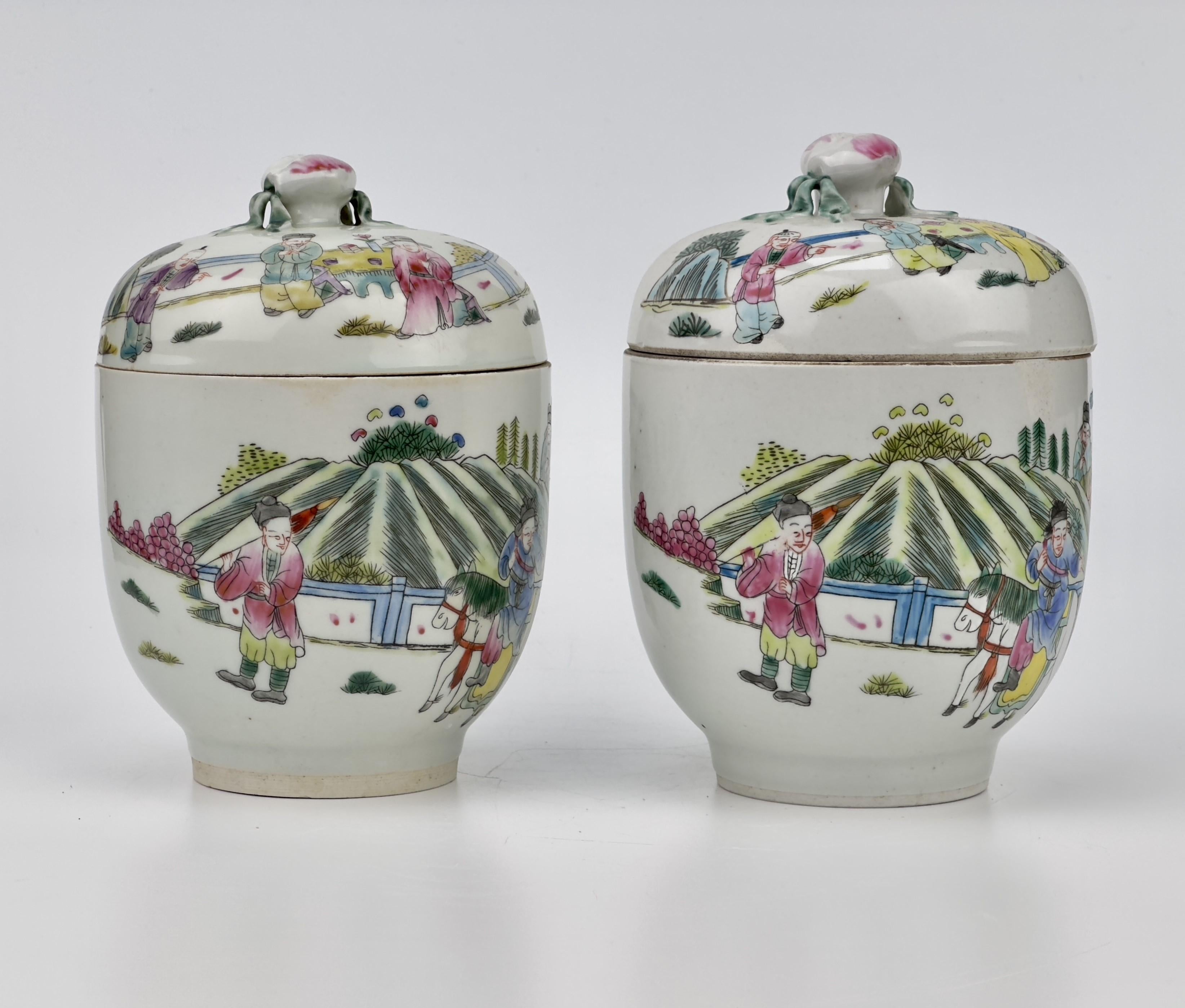 These small, oval-shaped jars feature vibrant and striking enamels characteristic of famille verte porcelain. Crafted from an exceptionally refined paste, it belongs to a superior quality of ceramic ware. Famille verte is distinguished by its