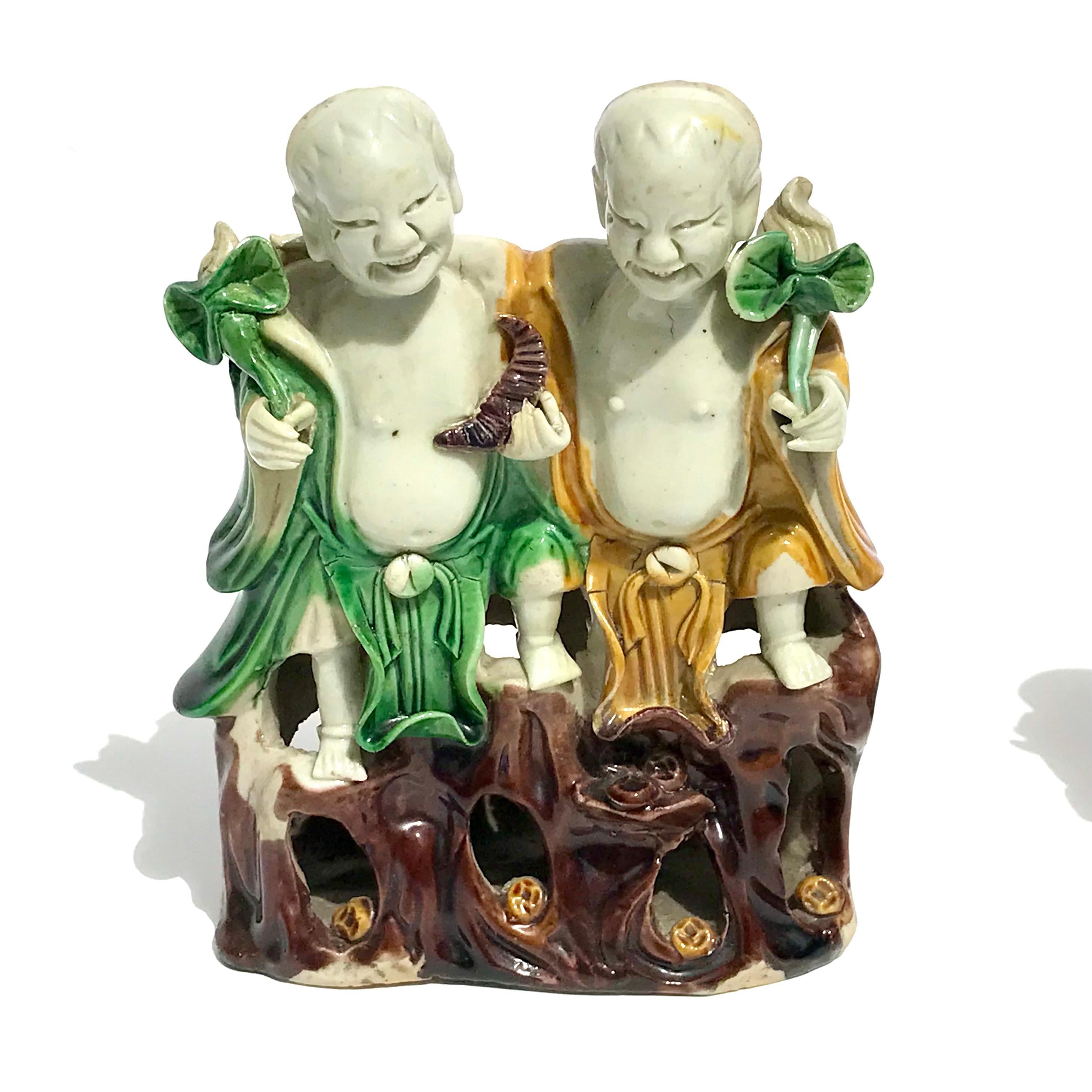 Two Chinese Famille Verte Porcelain HeHe Groups Kangxi Period In Good Condition For Sale In Dallas, TX