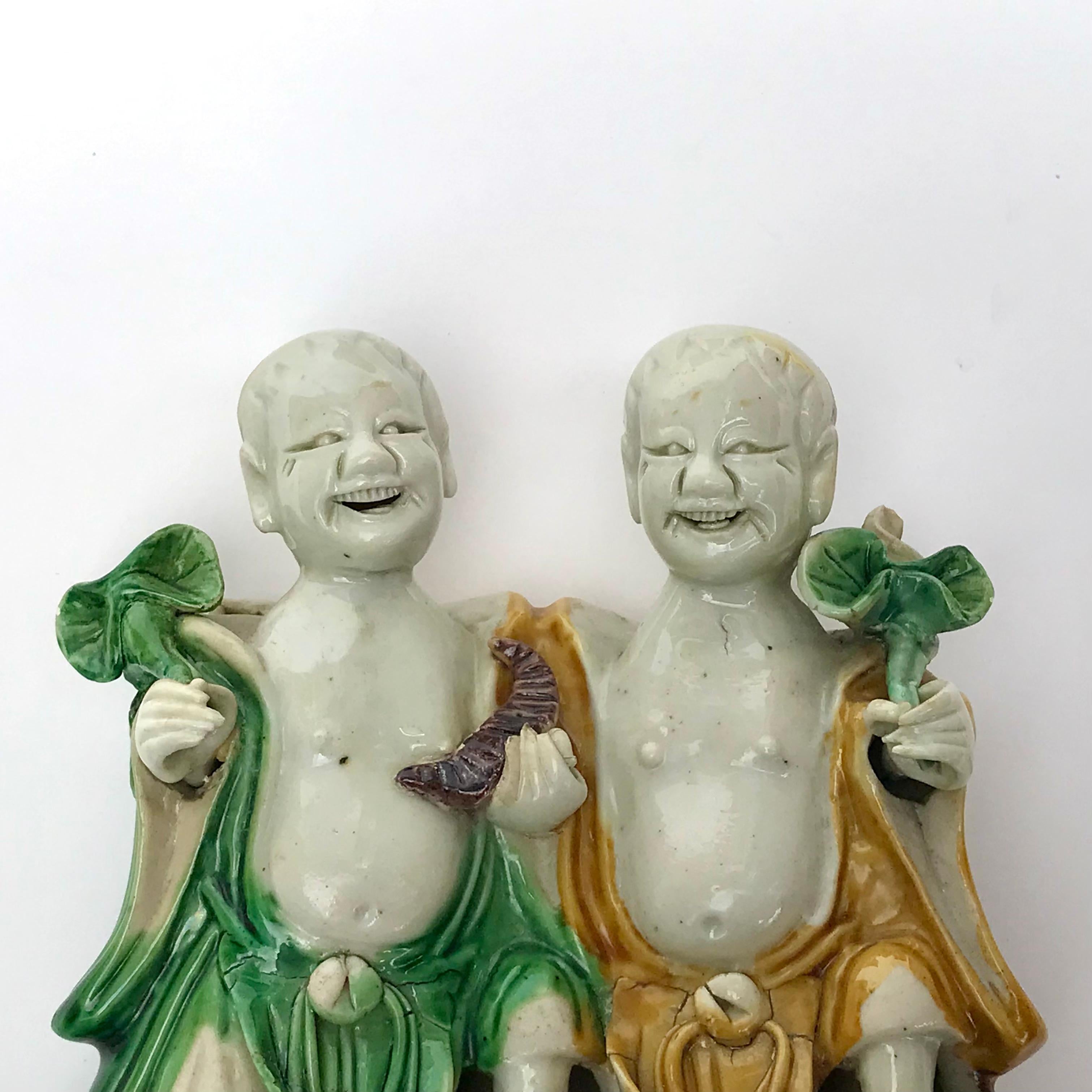 18th Century and Earlier Two Chinese Famille Verte Porcelain HeHe Groups Kangxi Period For Sale