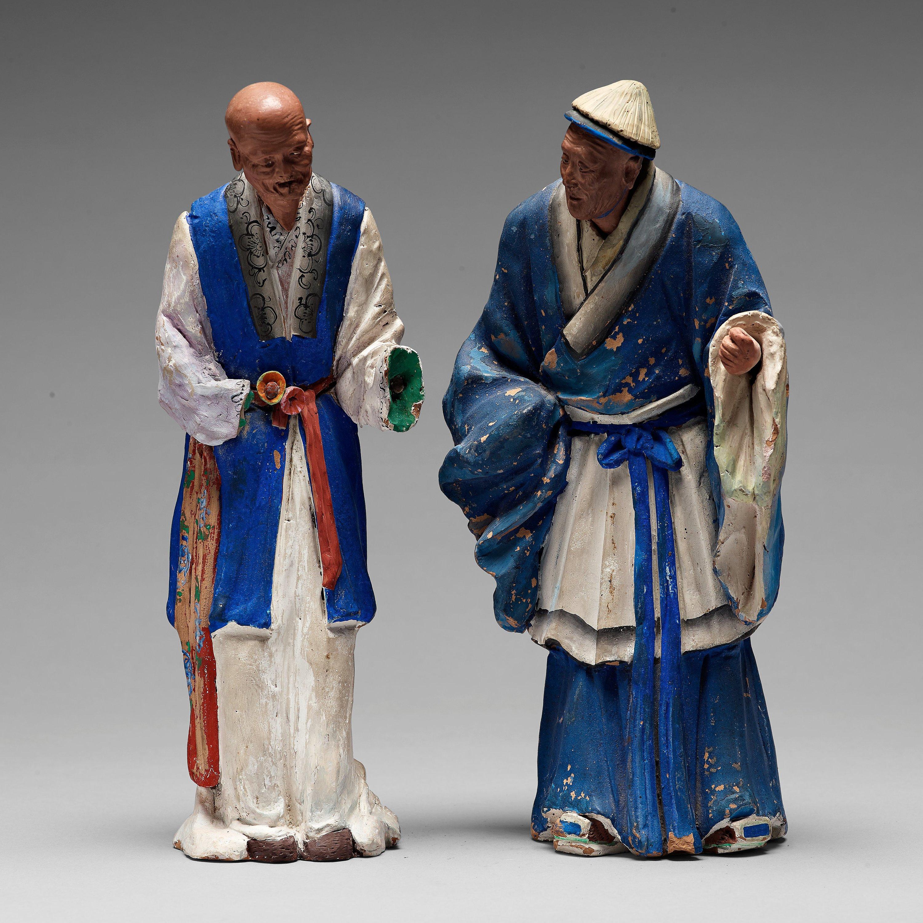 Hand-Painted Two Chinese Figures in Sculptured and Painted Clay, Early 20th Century