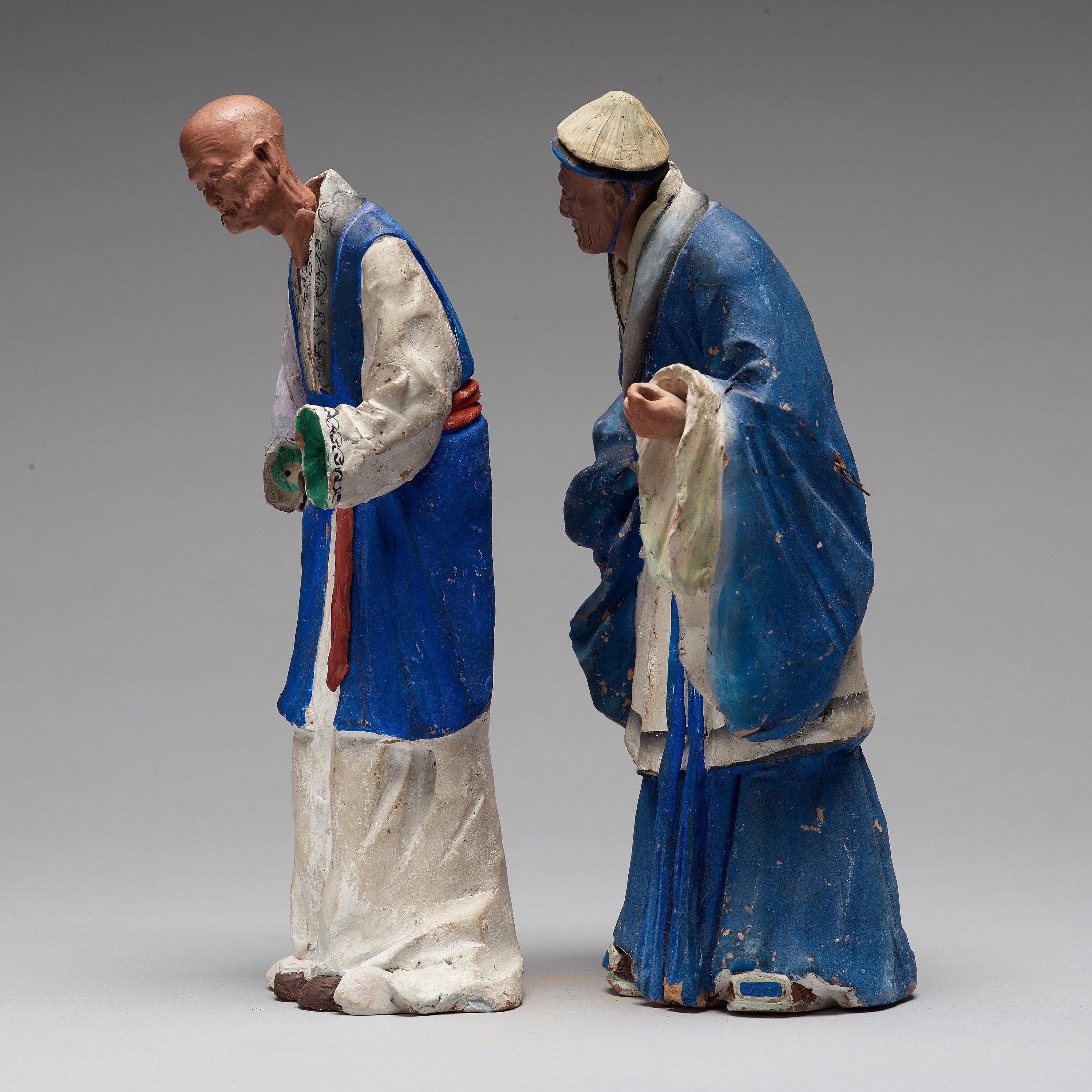 Two Chinese Figures in Sculptured and Painted Clay, Early 20th Century In Fair Condition In Stockholm, SE